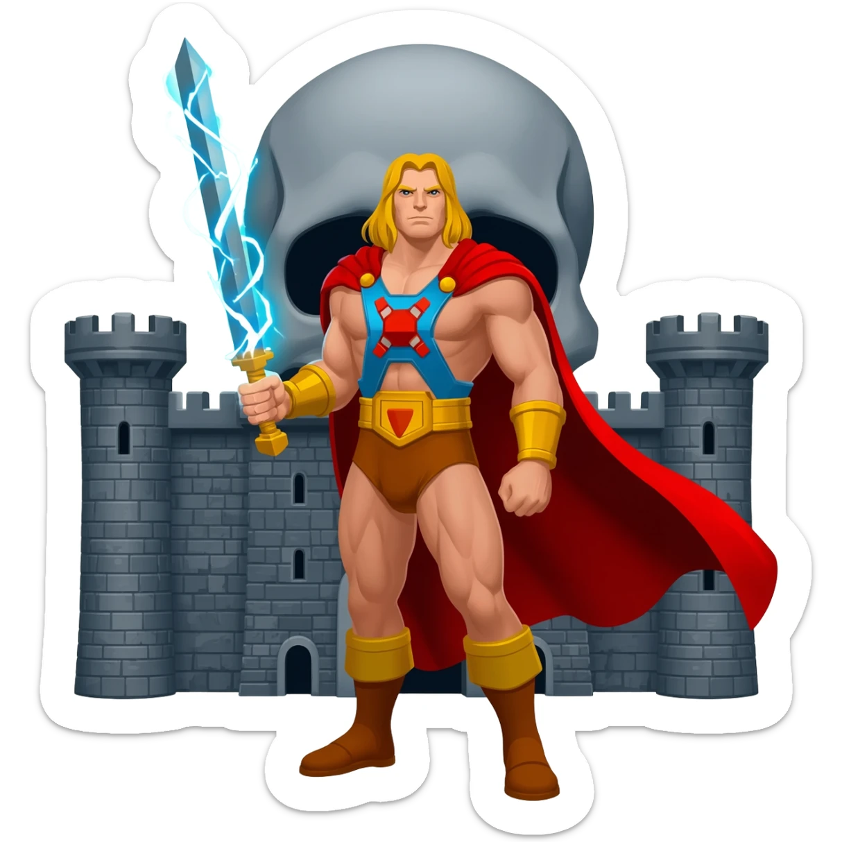 He-man in red cape holding up sword with power color shooting from sword towards sky in front of a large skull shaped gray castle sticker