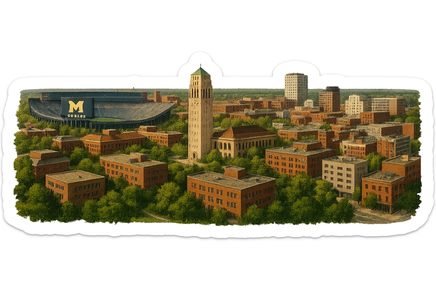 cinematic realistic emoji of Ann Arbor, Michigan, panoramic cityscape with University of Michigan campus, Michigan Stadium, Burton Memorial Tower, downtown Ann Arbor, lifelike detail, accurate colors, bright daylight, no sky, no clouds sticker