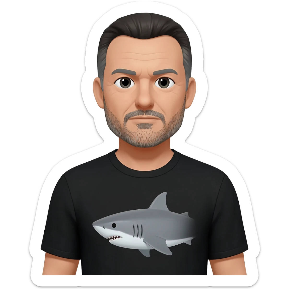 a mature man with hair wearing a t-shirt with a shark image on it. sticker