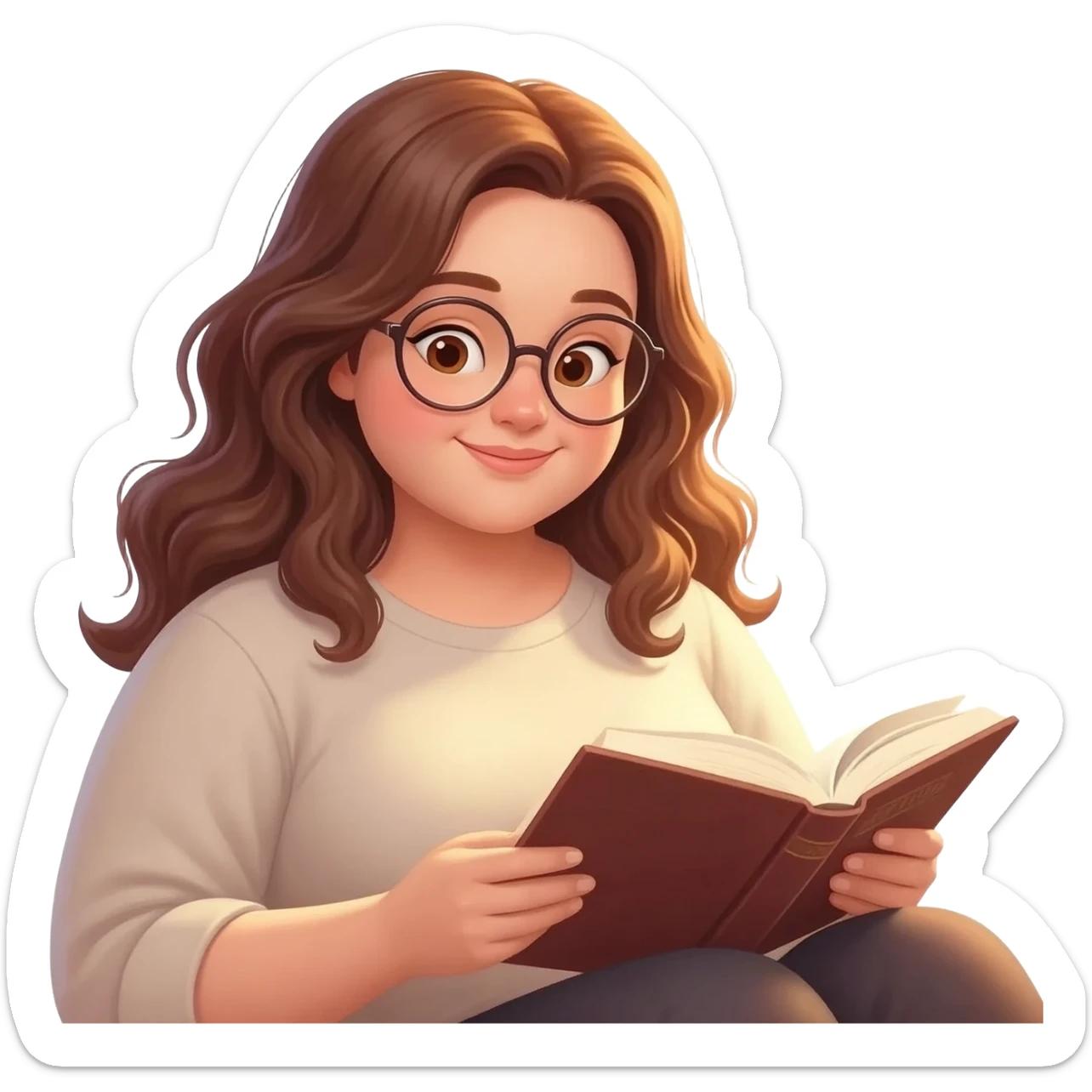 detailed emoji illustration of a curvy woman with long chestnut brown wavy hair, light brown eyes and round glasses, sitting comfortably and reading a book, warm sunlight, peaceful atmosphere, emoji style sticker
