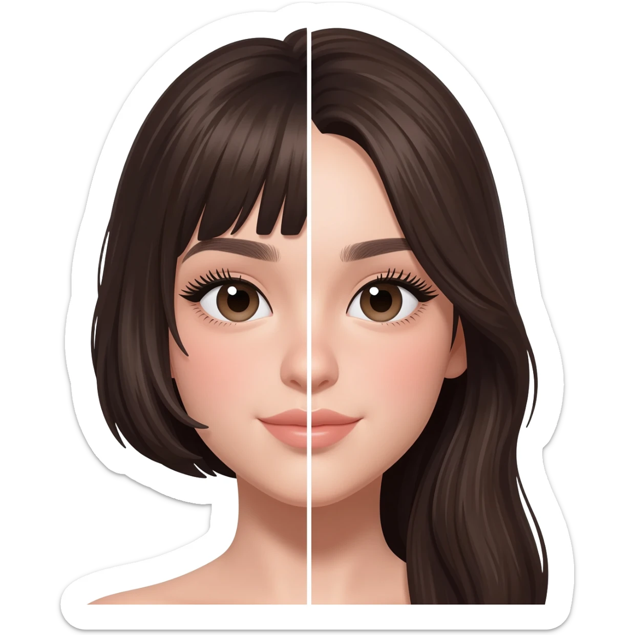 young pretty girl, face split in half, left side short hair, right side long hair, perfect eyebrows, long eyelashes, polished look, soft makeup, bright lighting sticker