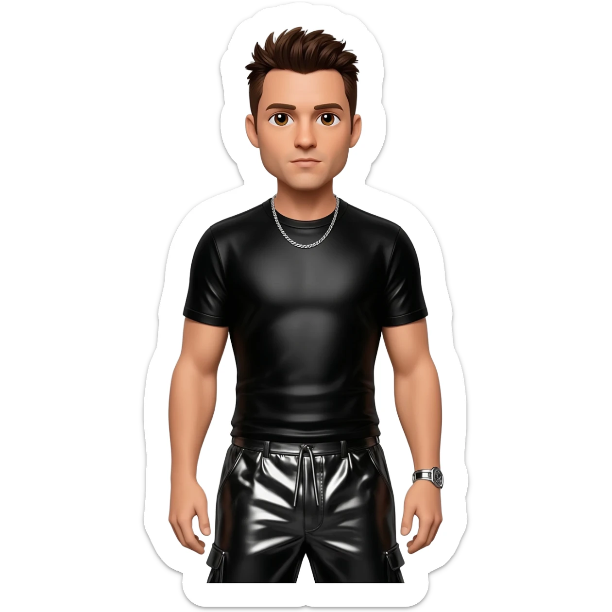 Jon Knight from NKOTB with brown eyes, dark brown hair, black metallic t-shirt, black metallic baggy pants, silver necklace sticker