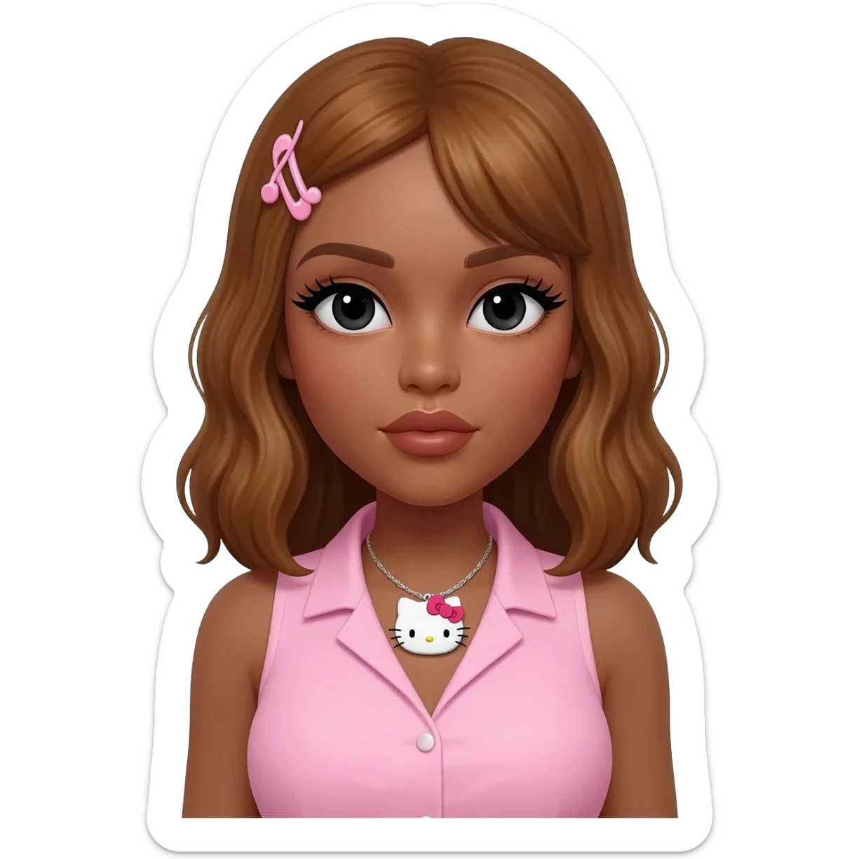 Long lashes, my melody hairclip, Doll faced shaped, hello kitty necklace, bimbo, black doll eyes, Big lips barbie, long dark brown skin with honey brown hair, light pink sleeveless shirt, big breast sticker