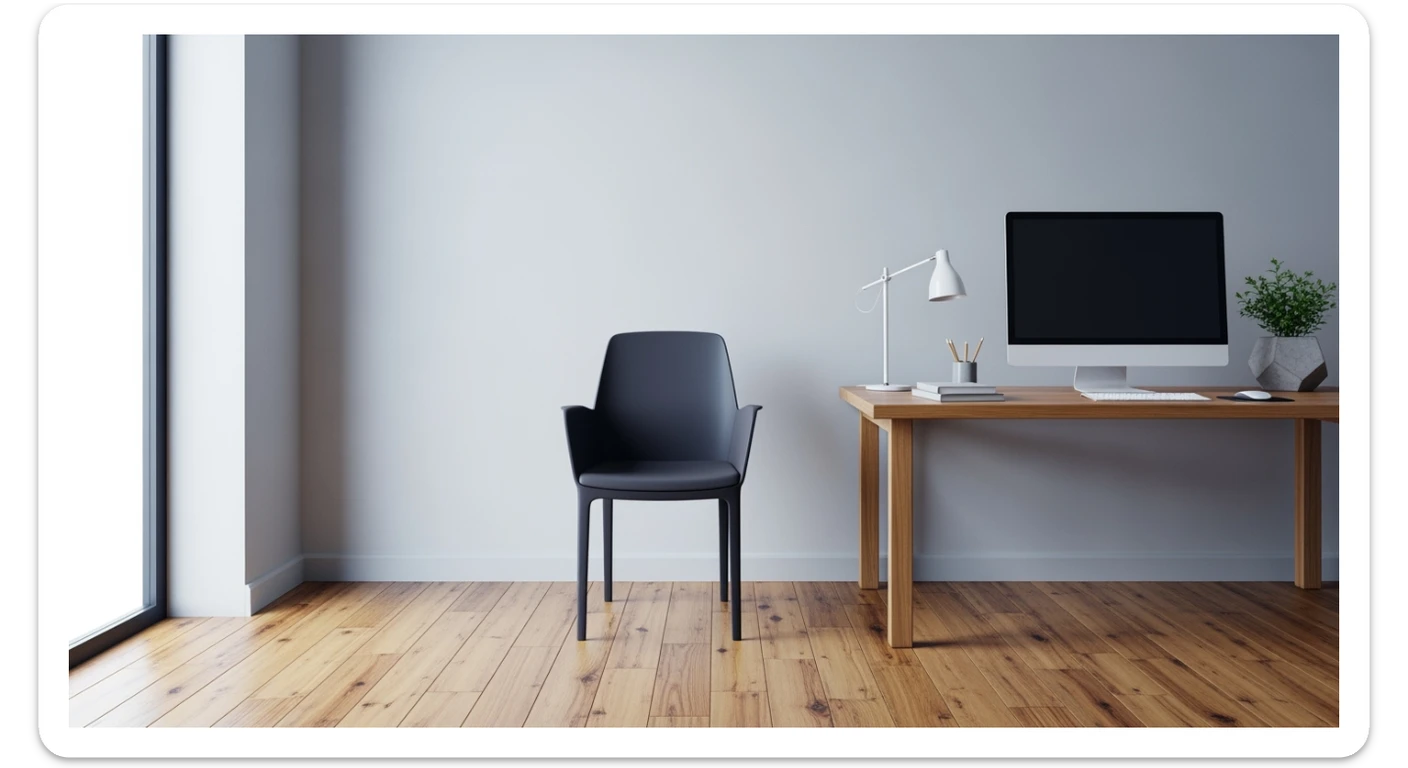 Editorial shot, Make this chair next to desk with mac setup, wooden modern floor, minimalistic room, contrast chair to wall, chair standing front to camera, soft bright light in room sticker