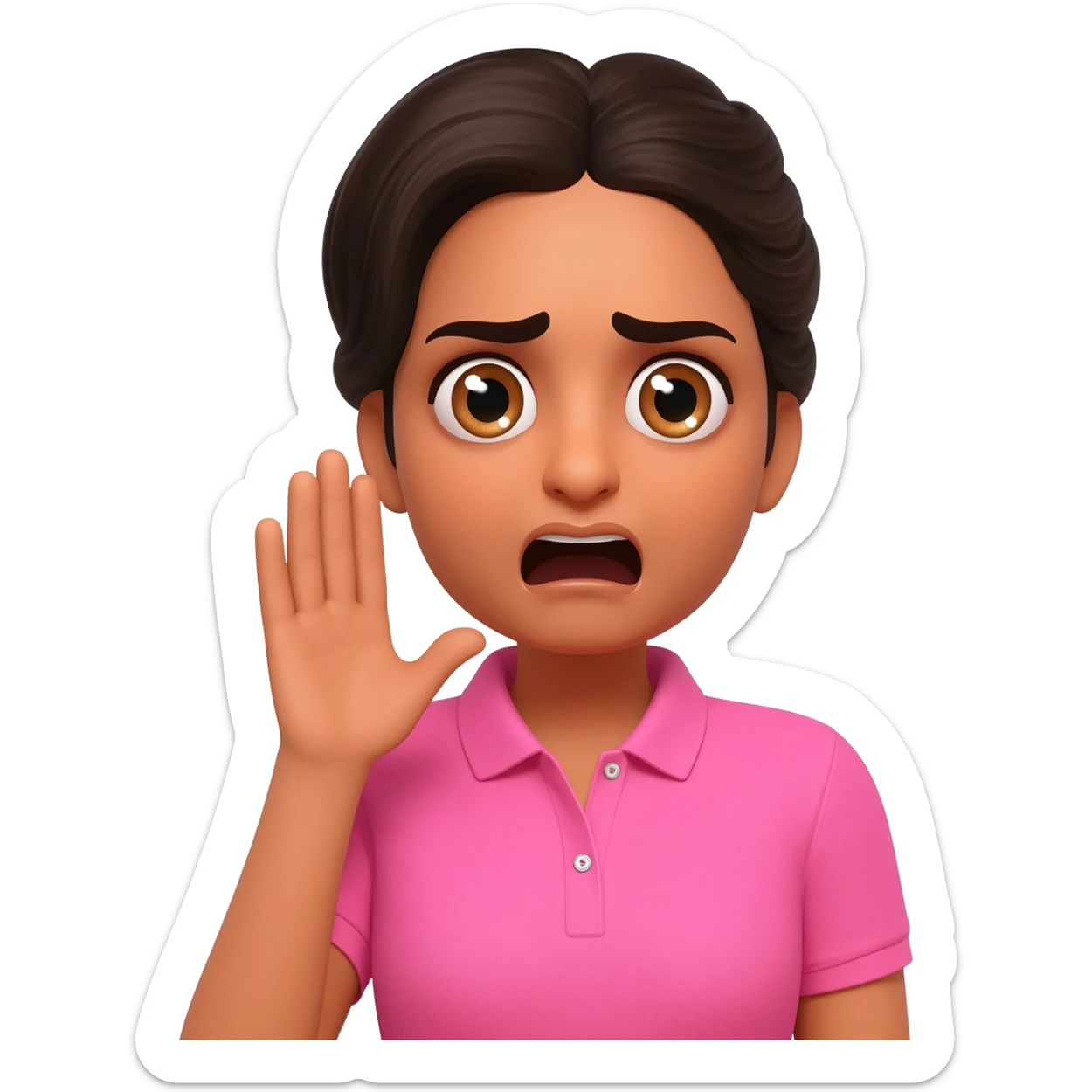 Indian woman in a professional hair bun, wearing pink polo tshirt, in an emergency, showing a panic face as if she is unsafe and calling for help sticker