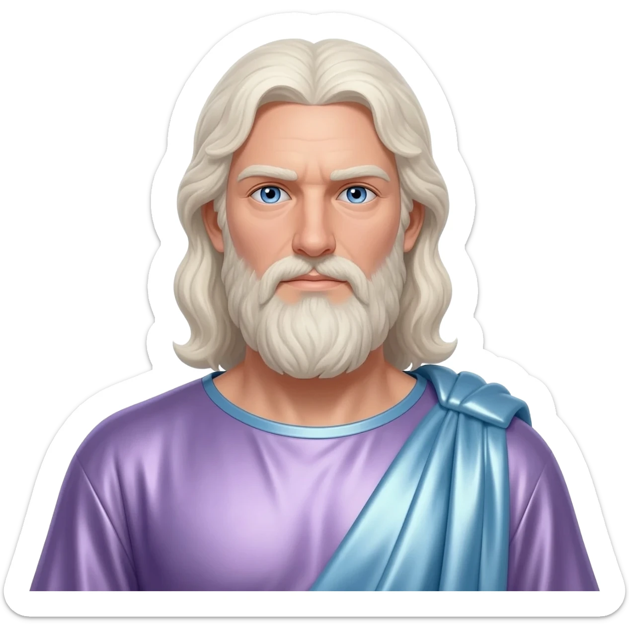 Jupiter from Roman Mythology with blue eyes, long white blonde hair and beard, pale purple metallic tunic, light steel blue metallic cloak sticker