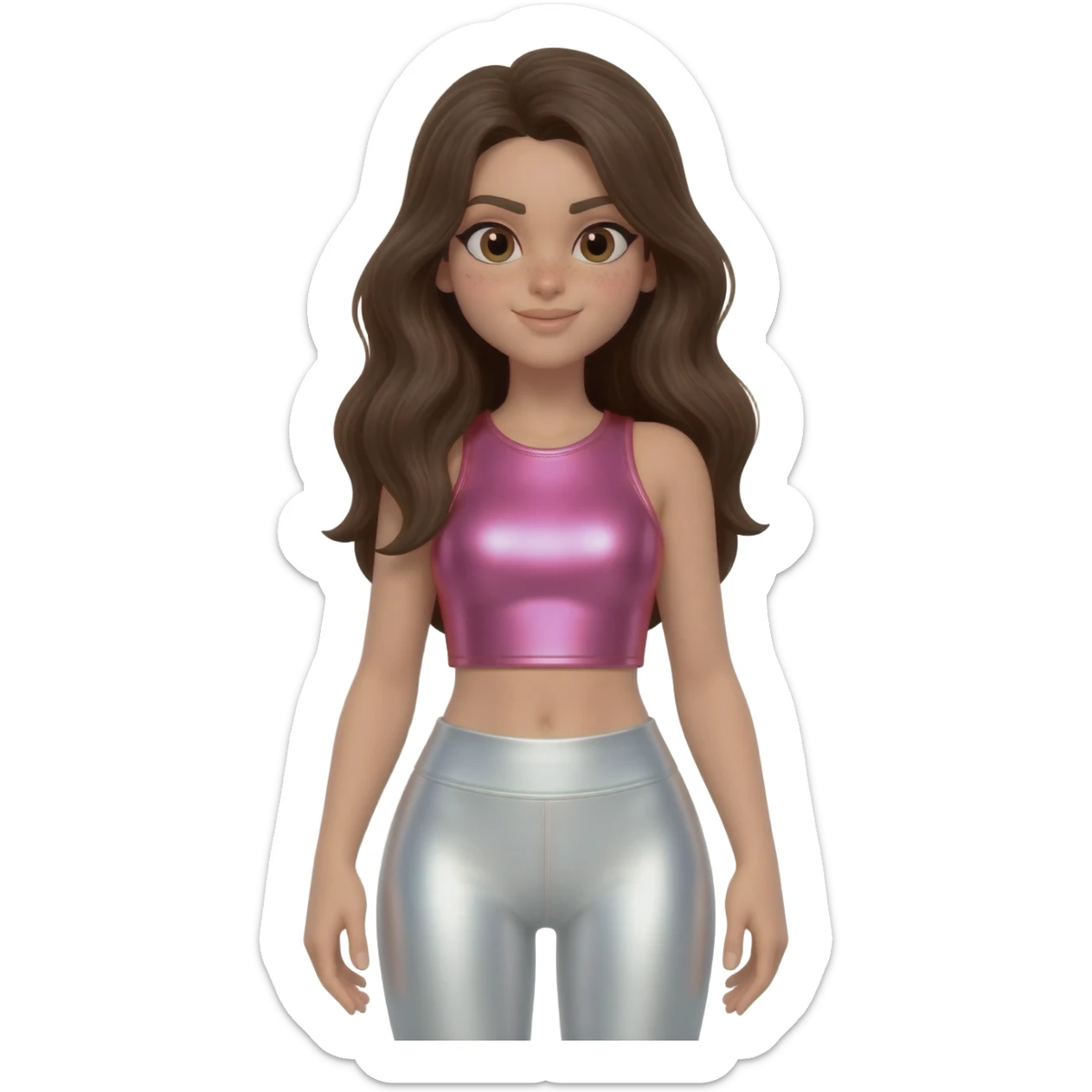 Azzyland with light skin, long dark brown hair, pink metallic crop top, white metallic leggings sticker
