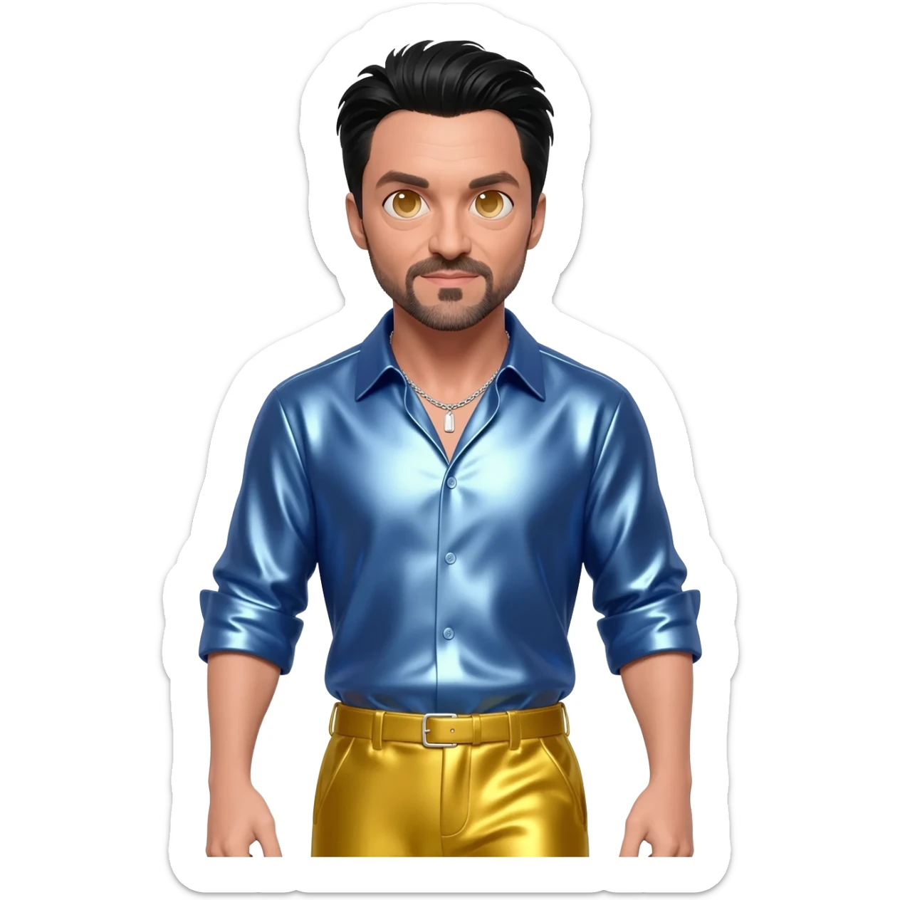 Hugh Jackman with hazel eyes, black hair, periwinkle blue metallic shirt, yellow metallic baggy pants, silver necklace sticker