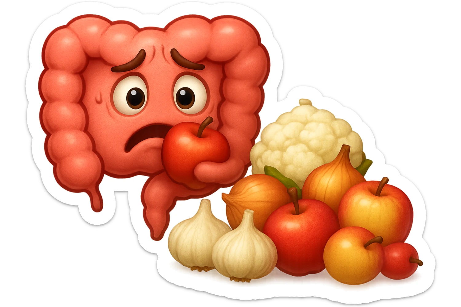 EMOJI STILE IPHONE DI UN INTESTINO UMANO IN CRISI PERCHé STA MALE, IN BOCCA HA UNA MELA E DAVANTI A LUI C'è UNA MONTAGNA DI aglio, cipolle, cavolfiore e mele sticker