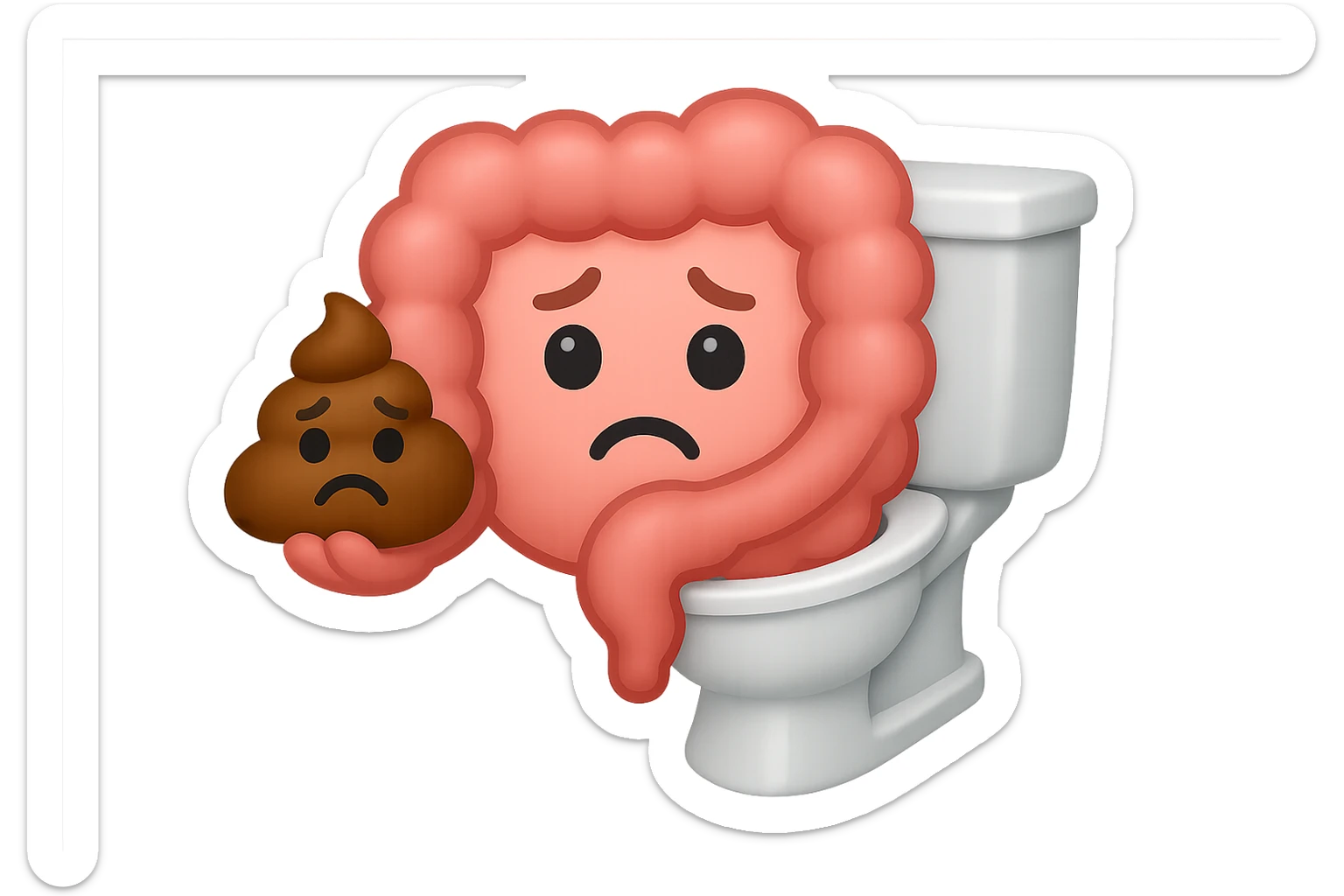 emoji stile iphone di un intestino che esce dal wc con in mano una montagnetta di feci con espressione triste a palline sticker