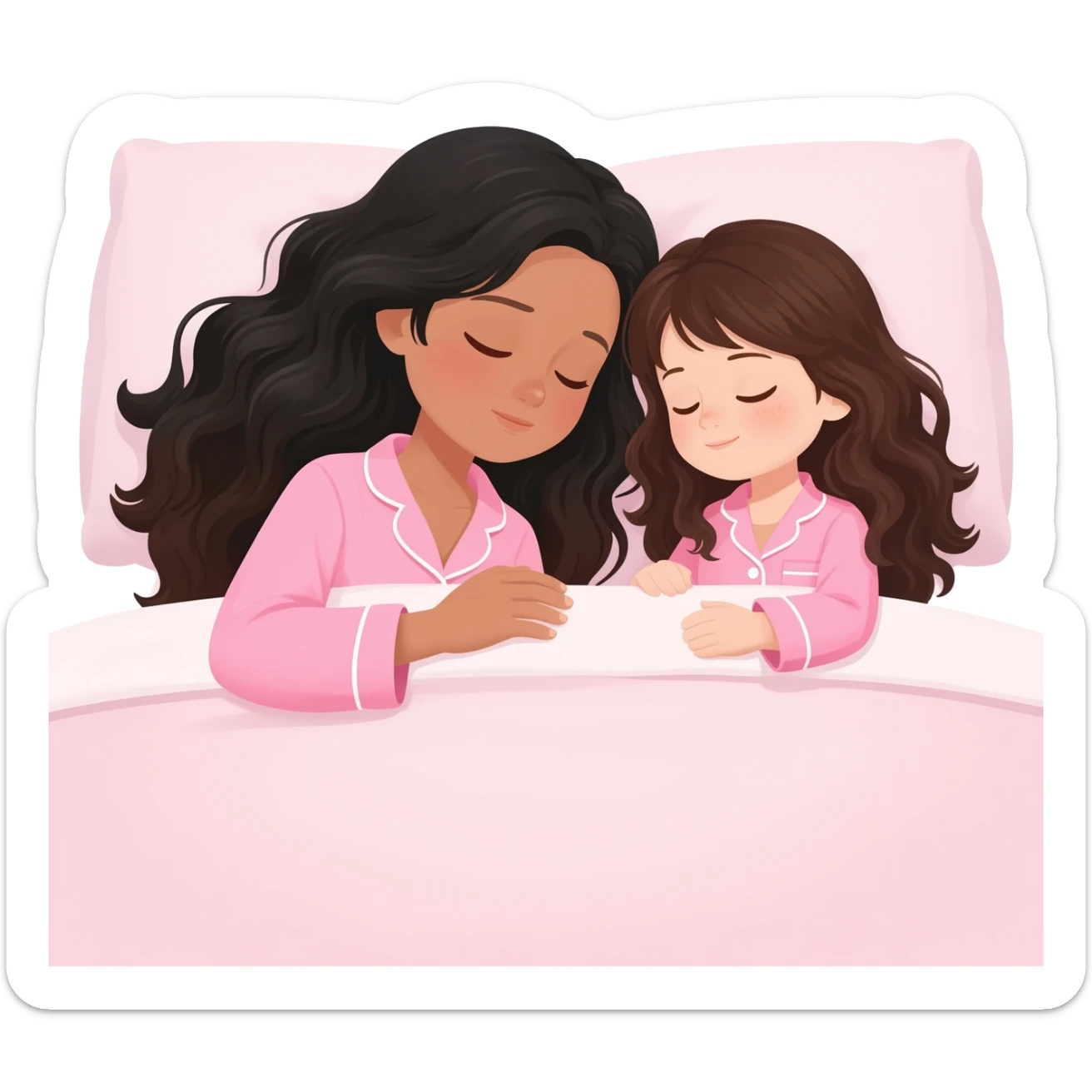 Black hair brown girl with long wavy black hair with brown eyes and sleeping with cute little girl with long wavy hair dark color with fair skin in matching pink pijamas in white bed sticker