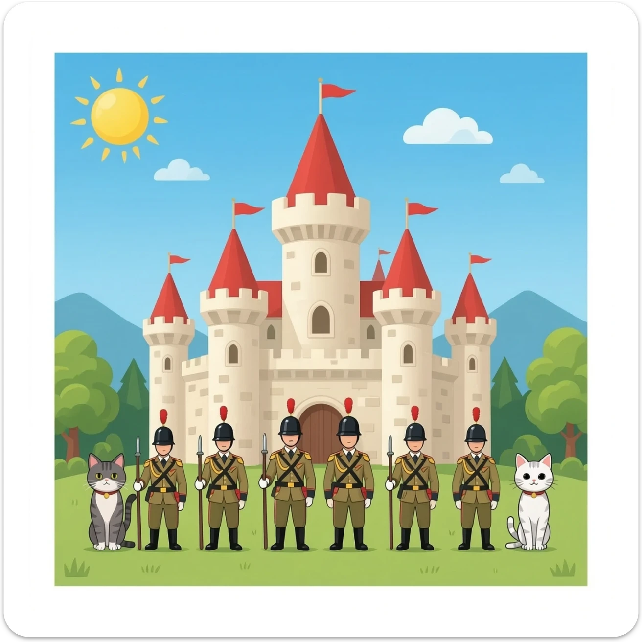 I want a castle and cats in front of the castle like soldiers sticker