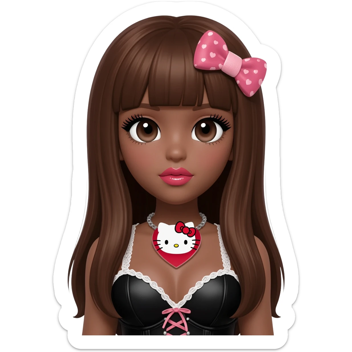 heart shaped lips, cute glossy lips, doll eyes with long lashes, dark brown skin, long brown hair, big chest, hello kitty necklace, one bow clip, bimbocore outfit, sticker