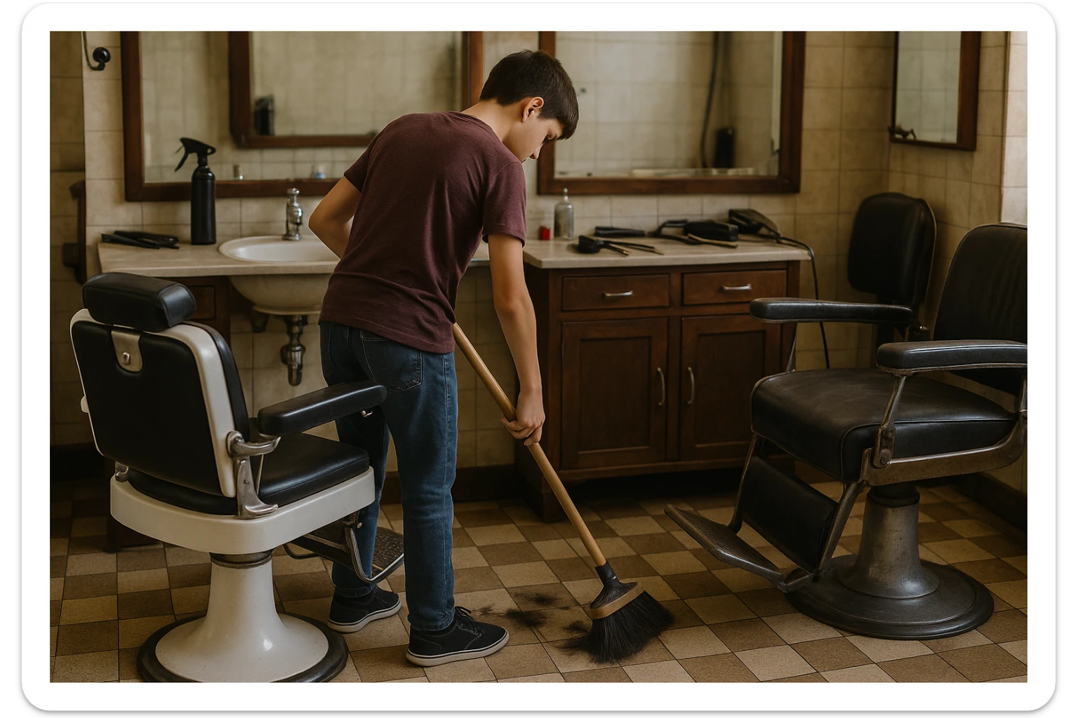 sartaroshxonani tozalayotgan o'smirin bola juda  yosh ham emas katta ham supir sudir qilaytgani narsalarni tozalayotgani yuzi ko'rinmasin
 sticker