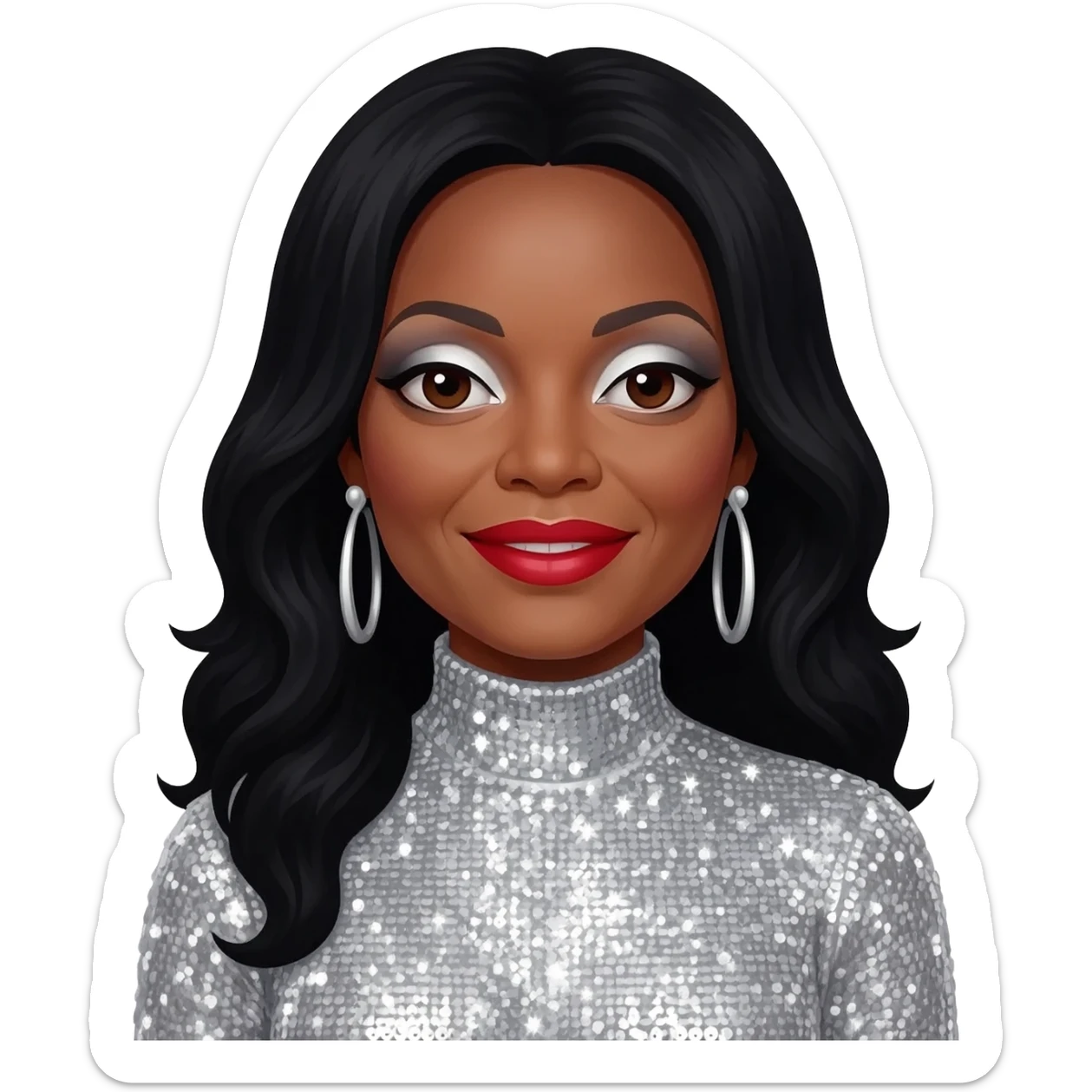 Diana Ross with dark brown eyes, white eyeshadow, red lipstick, long black hair, silver sequin turtleneck dress, silver earrings sticker