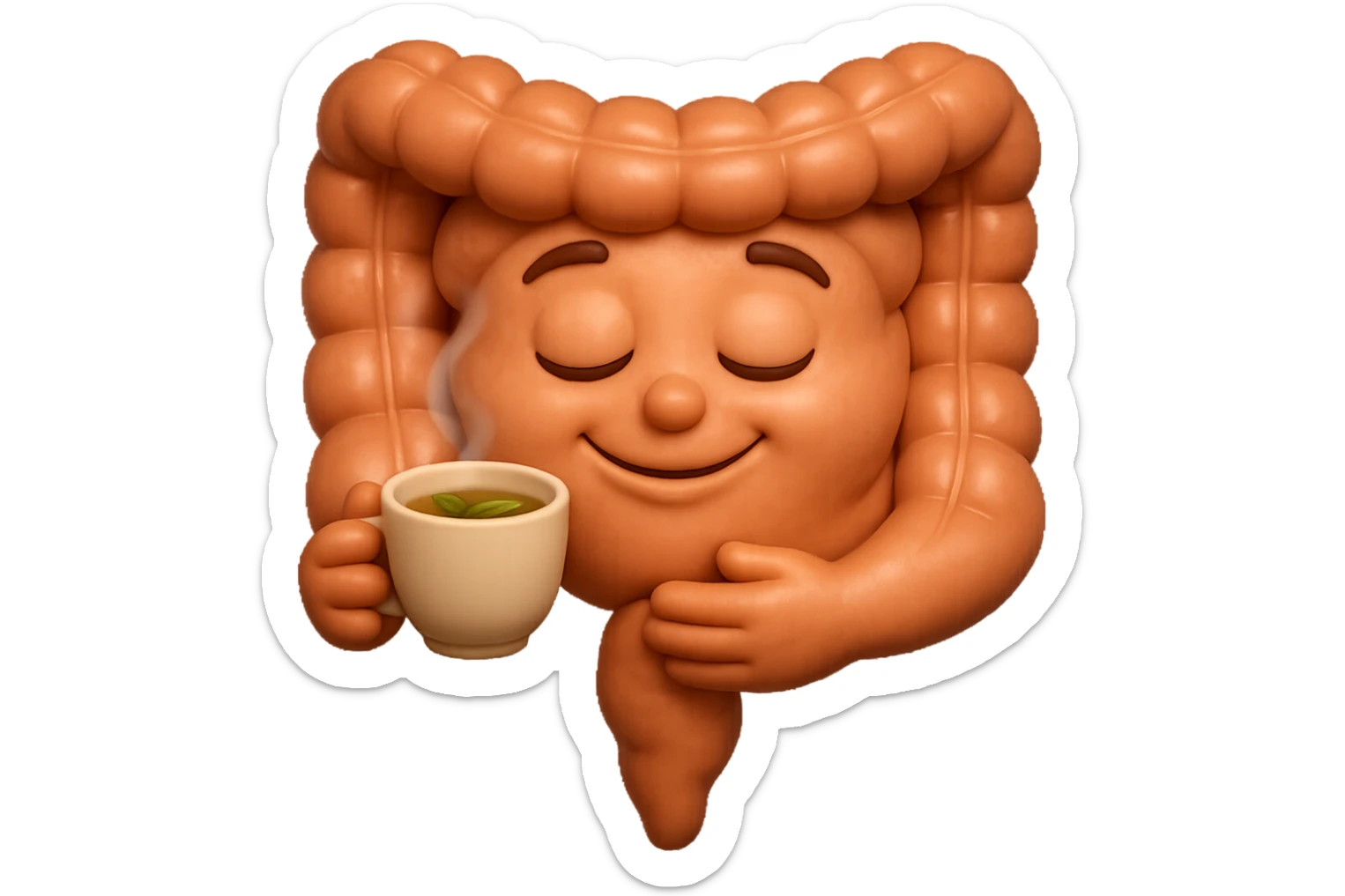 emoji stile iphone 3d di intestino umano sereno che si tocca la pancia mentre sorseggia un thè alle erbe, iperrealistico 4k sticker