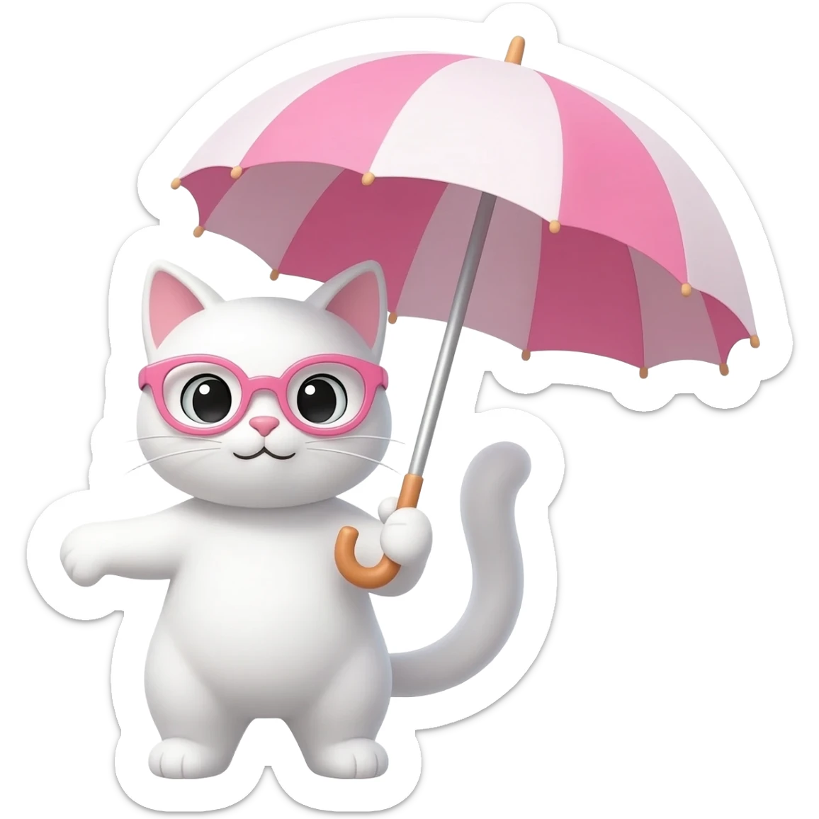 white cat wearing pink glasses carrying an umbrella sticker