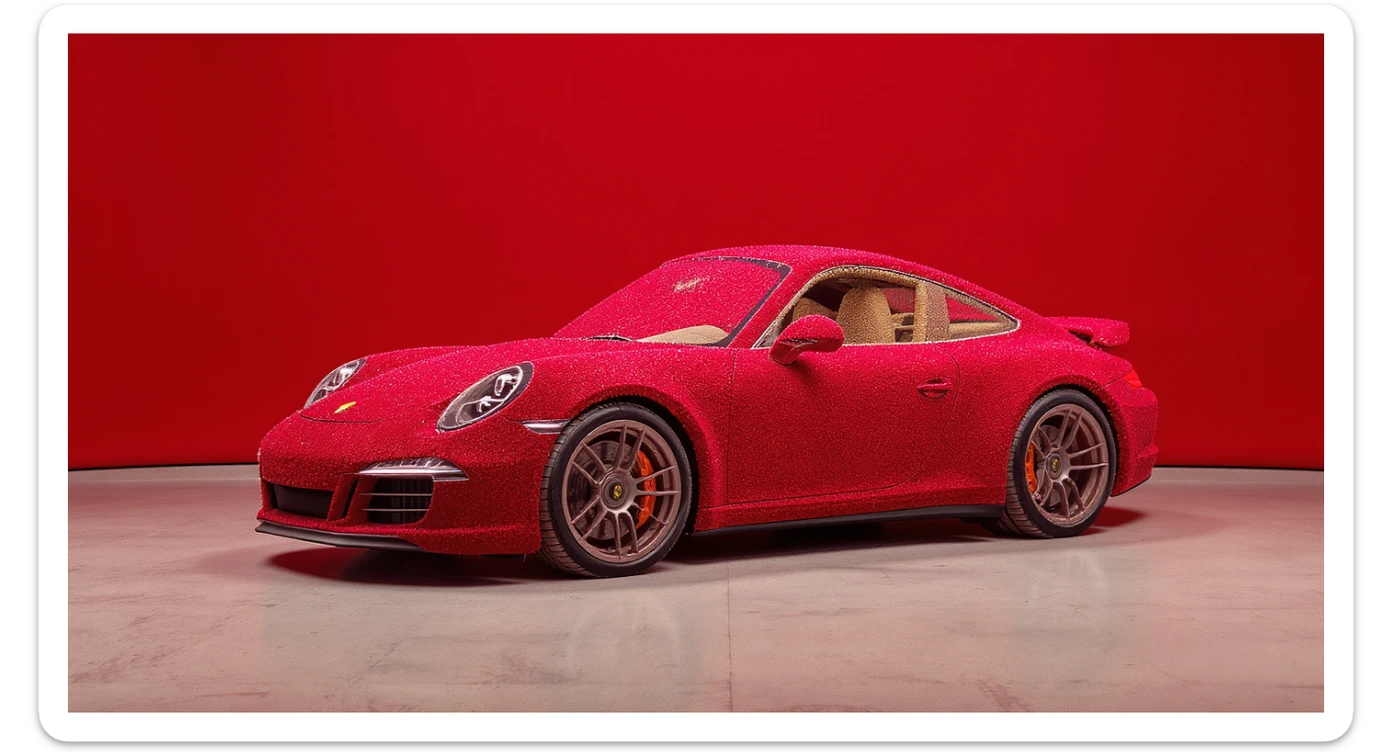 Medium shot of a porsche 911 made of carpet, red solid studio background, top soft light sticker