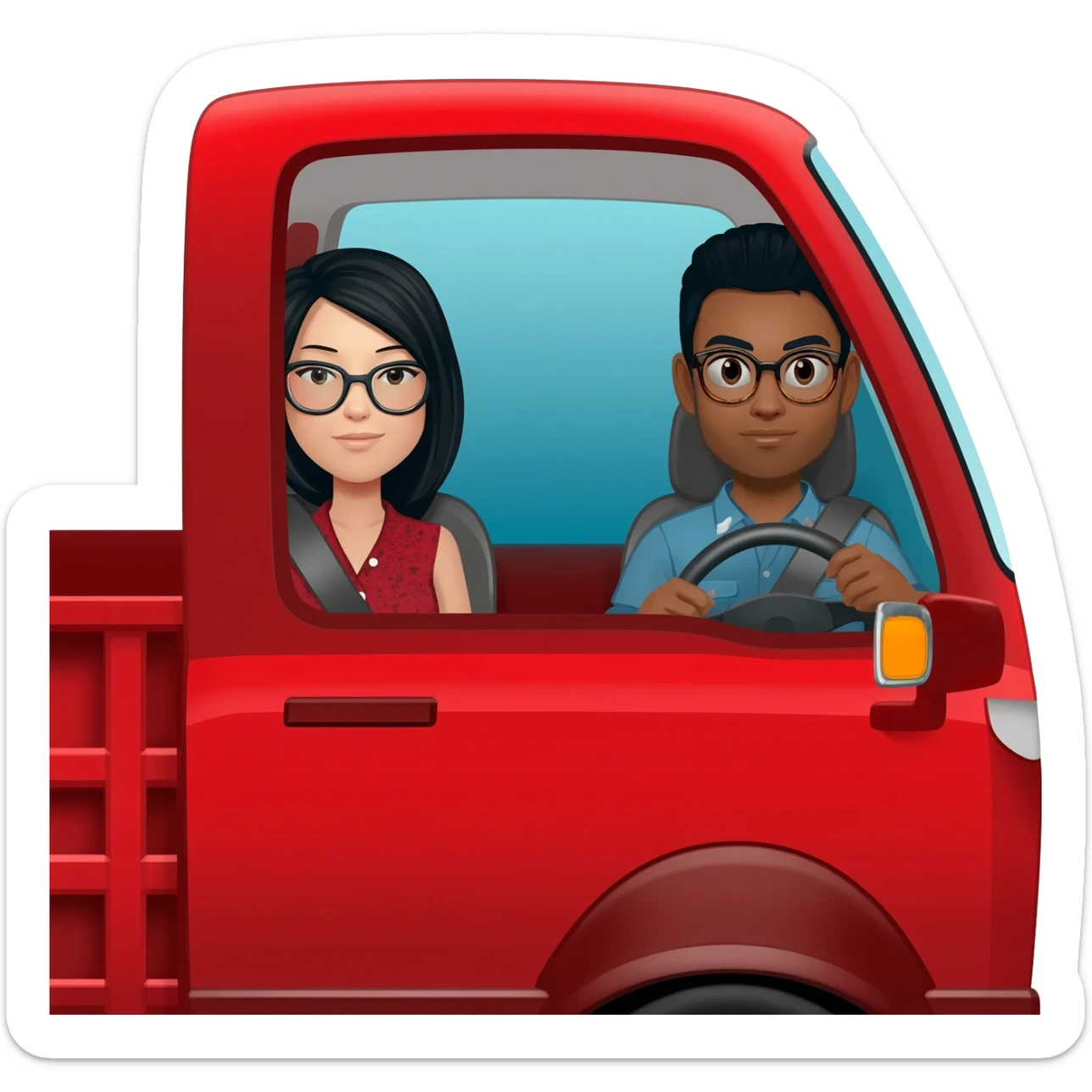 Camioneta roja mazda, con una mujer en el volante de pelo negro y lentes, y un copiloto hombre de pelo corto negro y lentes sticker