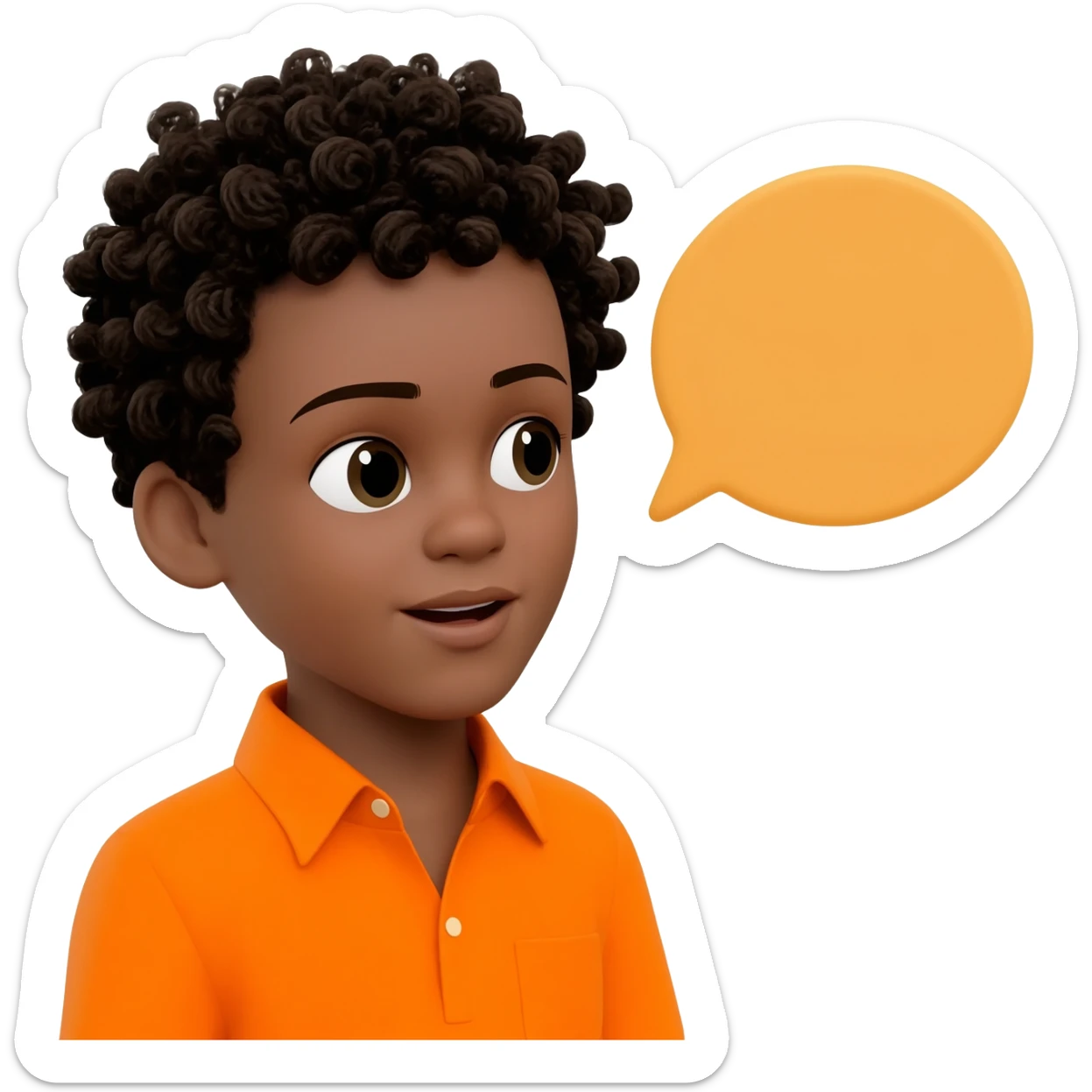black boy curly hair orange shirt talking talk bubble sticker
