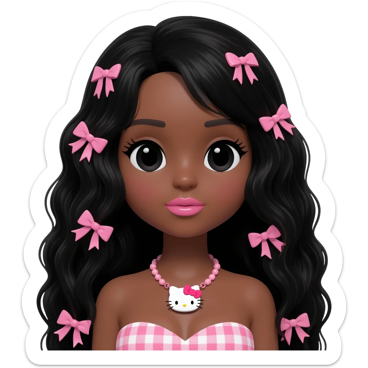 hello kitty necklace, doll eyes, Doll, big chest, dark brown skin, long curl black hair, black cute eyes, pink bows with cute lips sticker