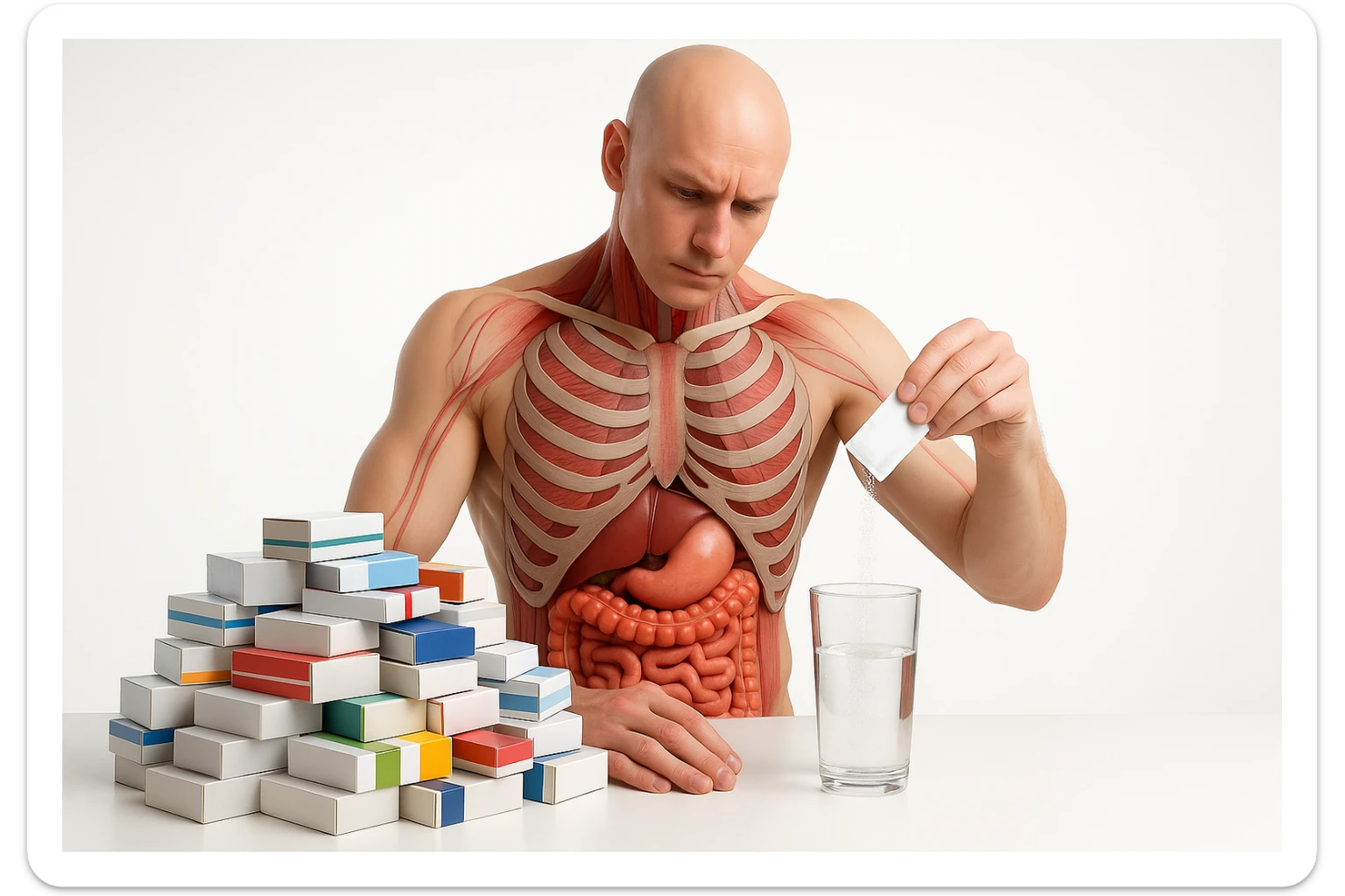 corpo umano con apparato digerente che  ha davanti a sè un tavolo bianco con sopra una montagna di scatole di farmaci, lui sta versando una bustina di un farmaco tipo l'oki in un bicchiere dio acqua per farla sciogliere, non fare che ha il dito sulla fronte, prendi solo spunto dallo stile grafico della foto che ho allegato, sfondo bianco, stile realistico, non disegnato, 4k sticker