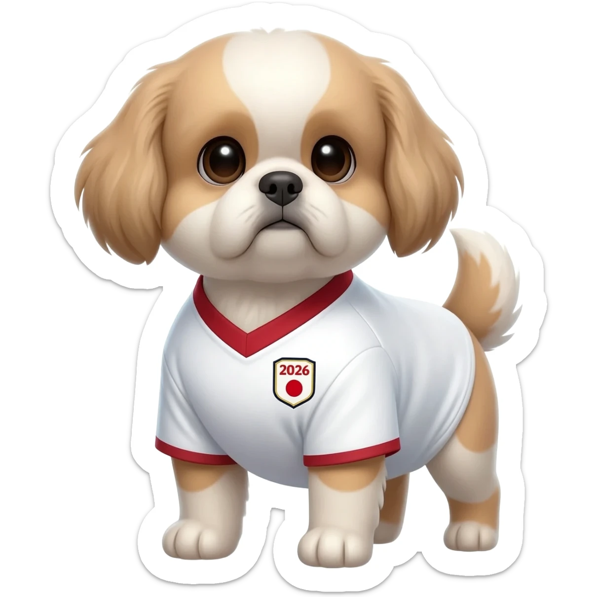 white and light brown shih zhu wearing a Japan white and red soccer jersey v neck 2026 work cup sticker