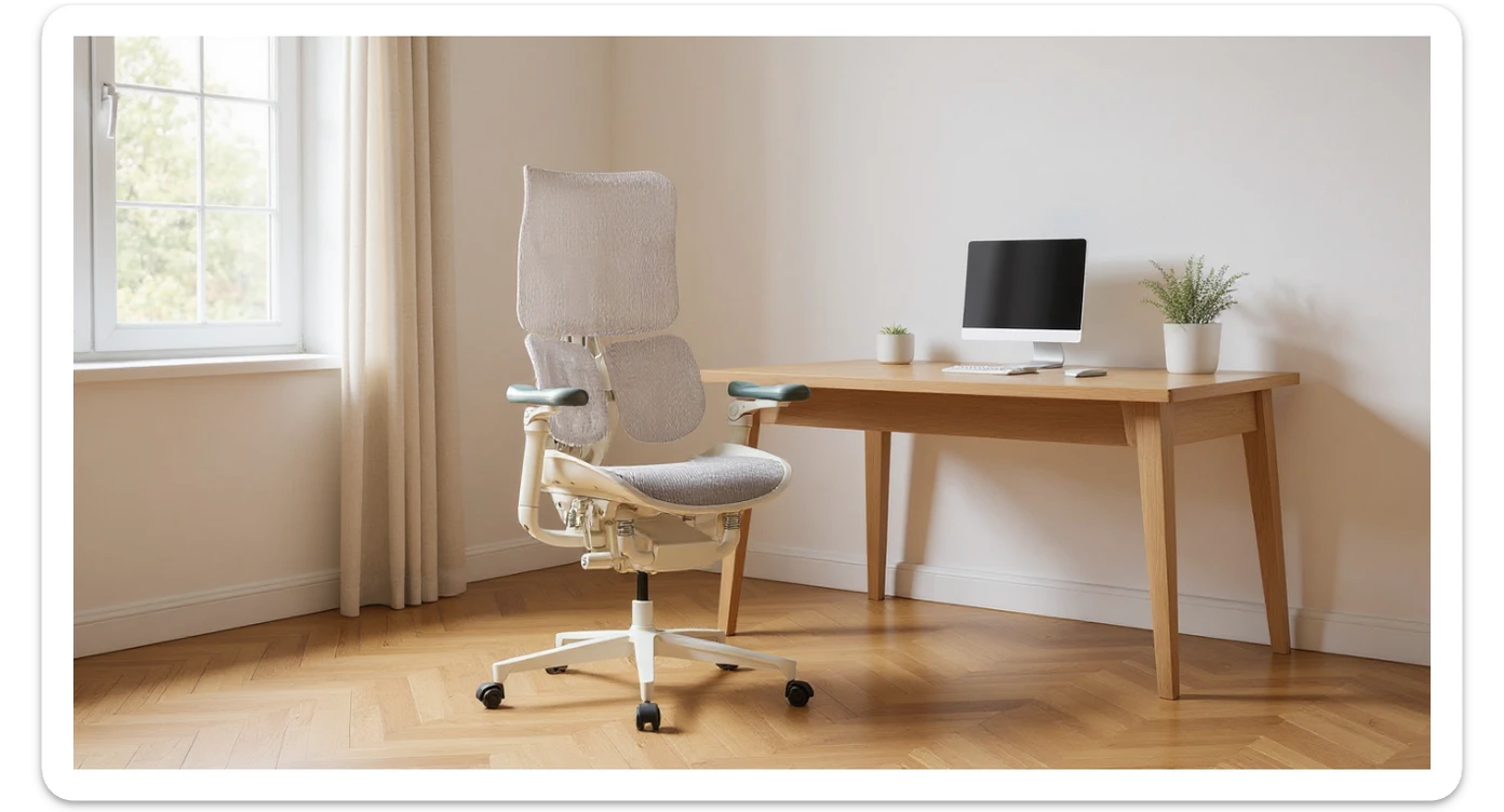 Editorial shot, Make this chair next to desk with mac setup, minimalistic room, bright and warm sticker