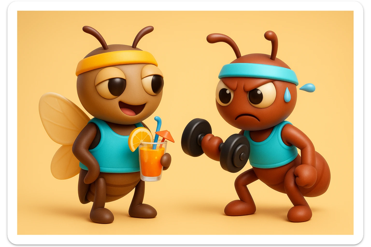 EMOJI STILE IPHONE 3D DI UNA CICALA E UNA FORMICA IN ABITI FITNESS, LA CICALA HA IN MANO UN COCKTAIL MENTRE LA FORMICA HA IN MANO UN MANUBRIO DA PALESTRA. L'IMMAGINE RAPPRESENTA IL FATTO CHE LA FORMICA VOGLIA IMPEGNARSI REALMENTE PER CAMBIARE IL SUO FISICO MENTRE LA CICALA SI VUOLE DIVERTIRE E NON CONCLUDE NULLA ALLA FINE sticker