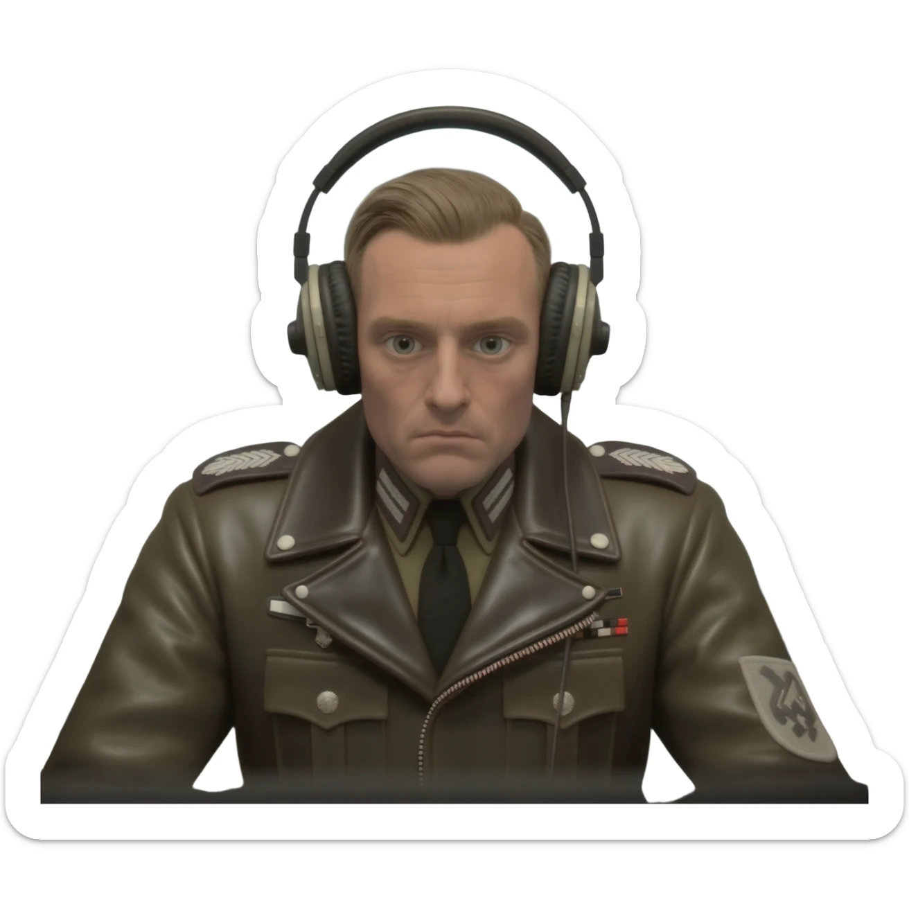 German secret police officer, Stasi, old headphones, surveillance process sticker