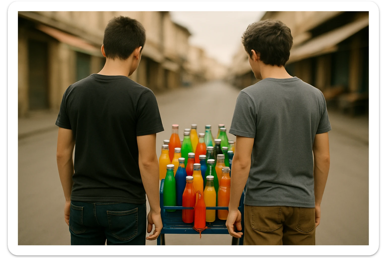 endi shu aravani bir balonchasi singan ko'rinishda va aka uka uning yonida turganini tasvirla yuzlari ko'rinmasin sticker