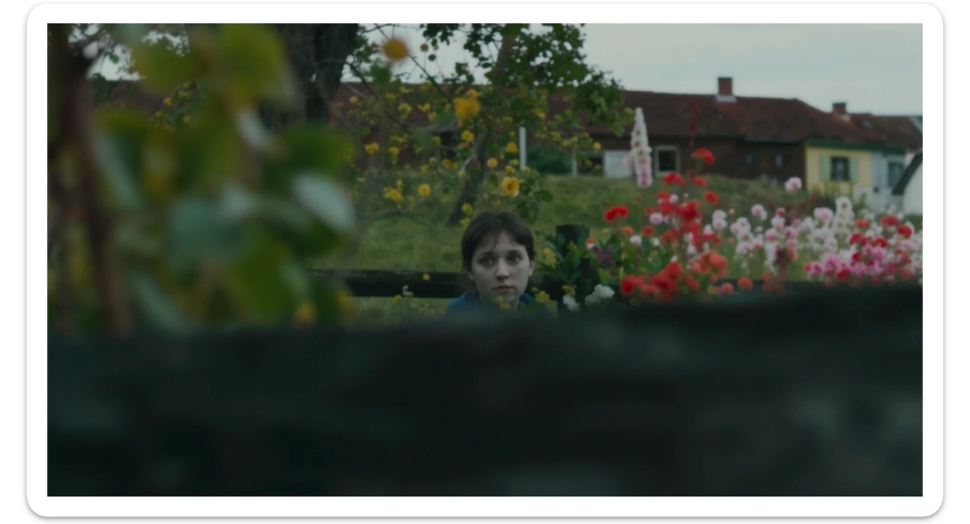 A portrait of a person in the foreground, blurred plants in the foreground (frame within a frame), a wooden fence and colorfull flowers in the midground, Poland, rolling hills in the background, cinematic depth of field, layered composition, natural lighting sticker