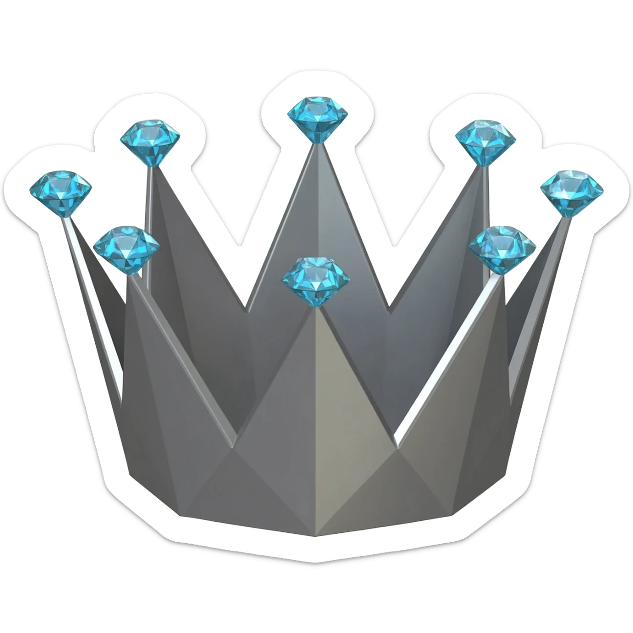 Minimalist 3D emoji based on: grey-graphite geometric crown made of cold, grey brushed steel. Integrated at the top is a severe; one large, sparkling light blue diamond is set precisely on each of its points. Soft, even lighting, isolated for sticker quality sticker