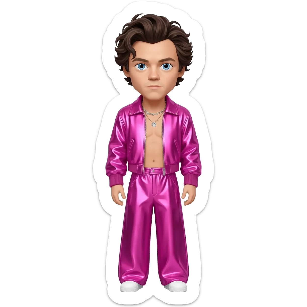 Harry Styles with blue eyes, dark brown hair, fuchsia metallic jacket, fuchsia metallic baggy pants, shirtless with necklace sticker
