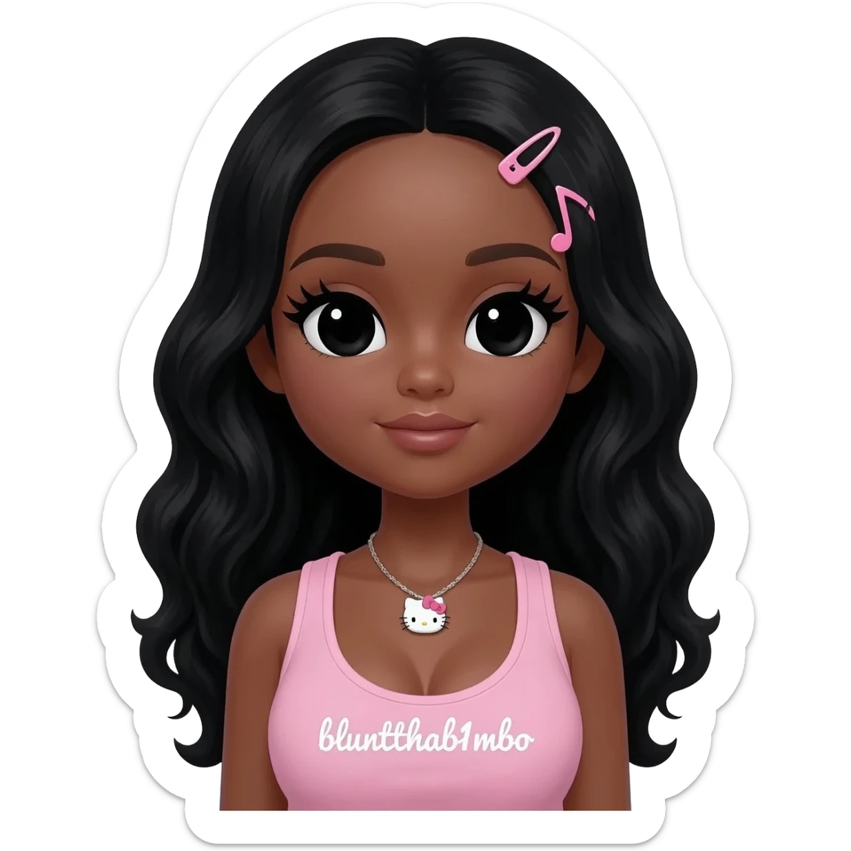 Long giant lashes, my melody hairclip, Doll faced shaped, hello kitty necklace, bimbo, black doll eyes, barbie, dark brown skin with long curls bl hair, light pink bimbo sleeveless shirt says "bluntthab1mbo", big breast sticker
