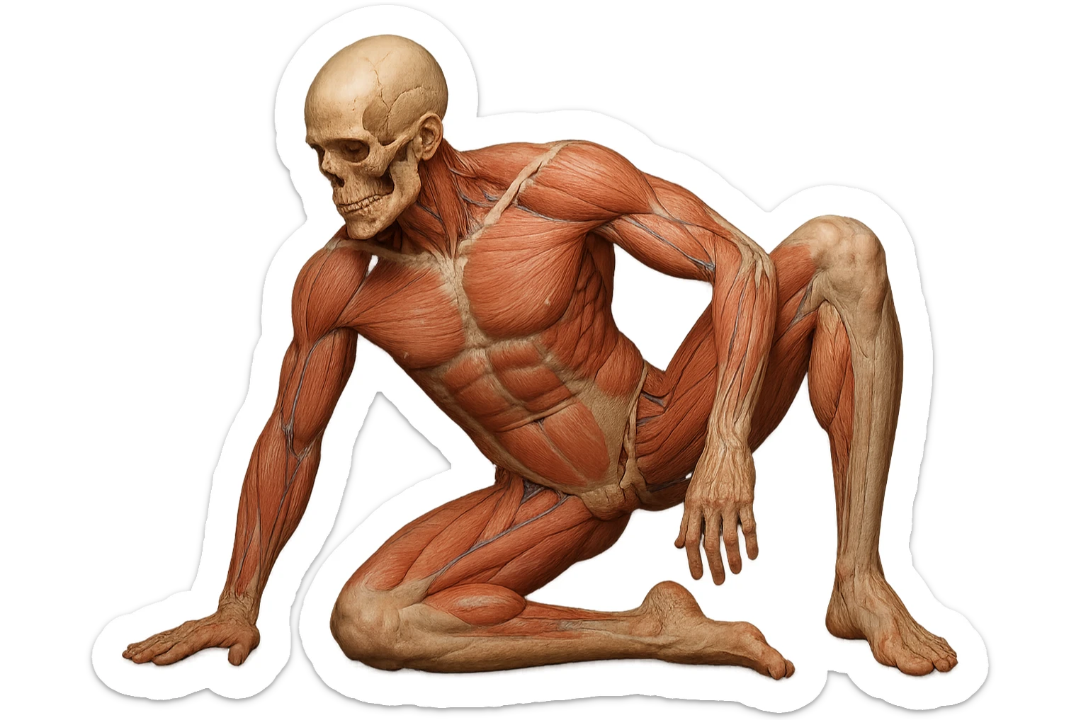 CORPO UMANO ANATOMICO REALISTICO CHE SVOLGE UN ESERCIZIO DI MOBILITà ALLE ANCHE, iperrealistico 4k sticker