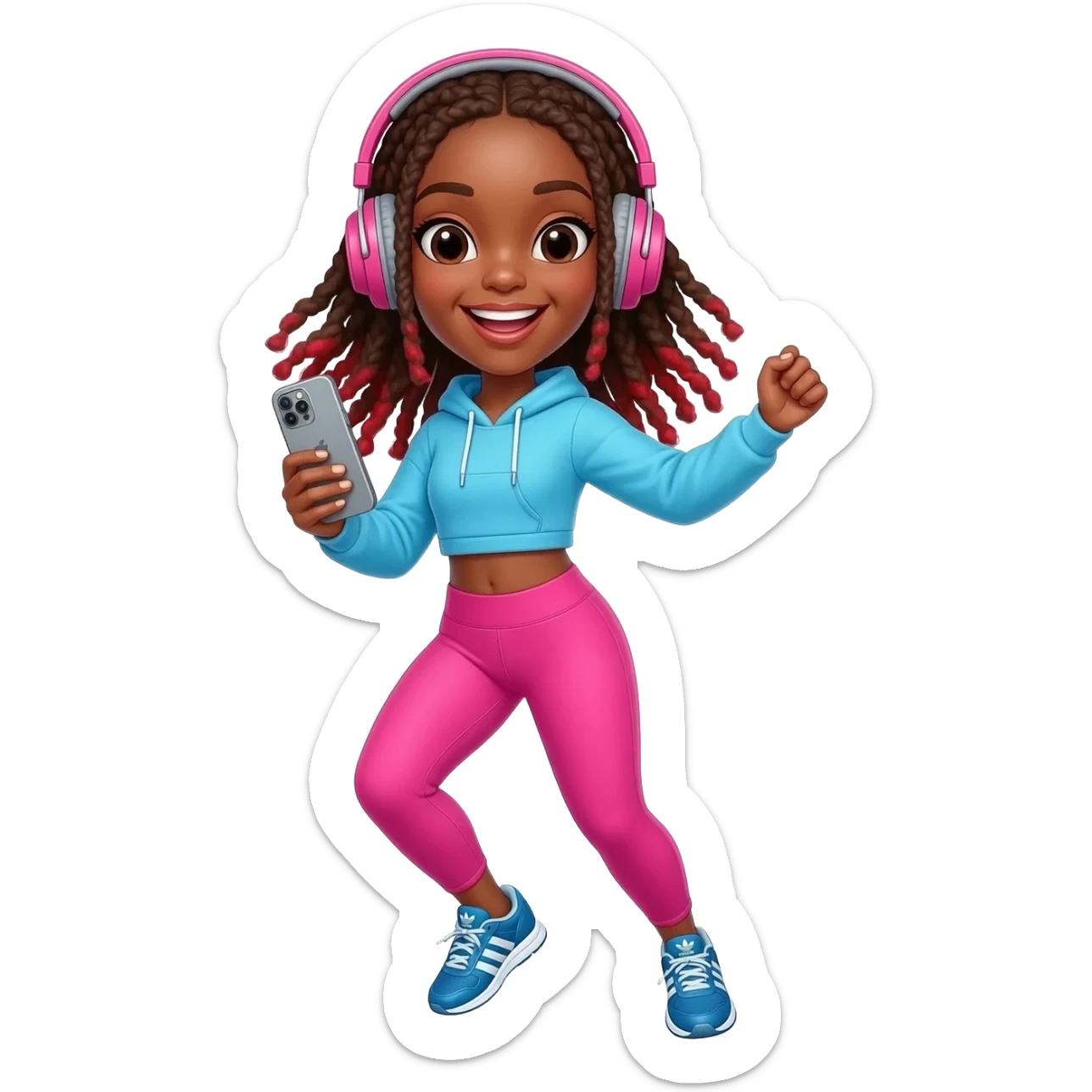 African American girl with long brown dreadlocks with red tips, pink workout leggings and a bright blue cropped hoodie, wearing big pink headphones and blue adidas pumps, happy dancing phone in hand sticker