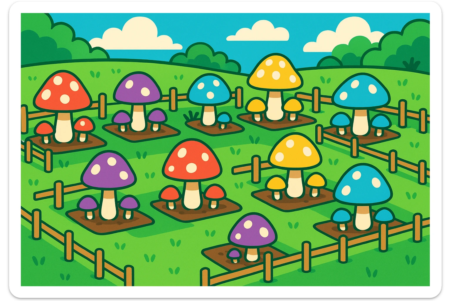 whimsical fungi farm with colorful mushrooms growing in neat rows, surrounded by tiny fences, in a lush green field, vibrant cartoon style sticker