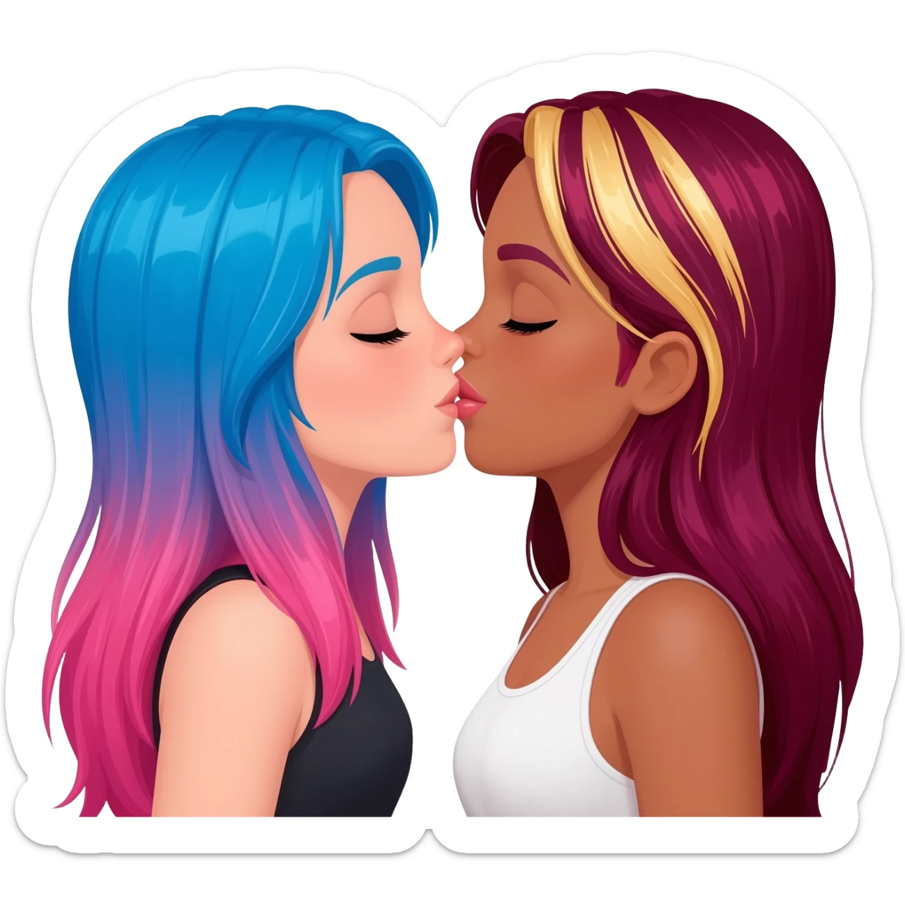 white, femme lesbians kissing, one has long blue and pink hair, the other has long burgundy hair with streaks of blonde and pink at the front sticker