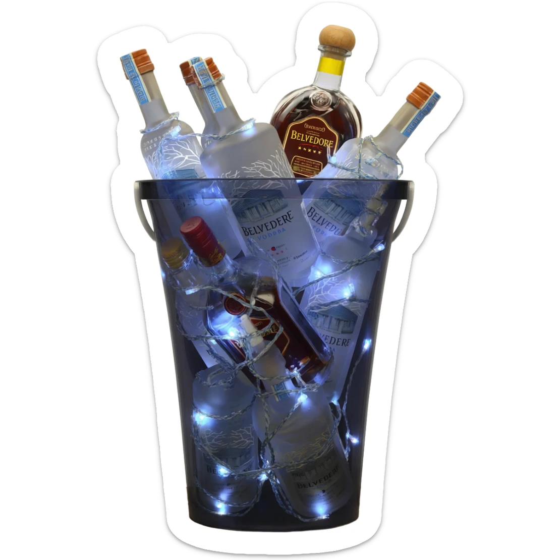 People regularly took pictures of the bottles piled high in buckets on the tables. Liquor bottles are likewise decorated with blinking flashlights. Bottles of Belvedere vodka and Patron tequila are lit from within the glass bottle with a dark light sticker