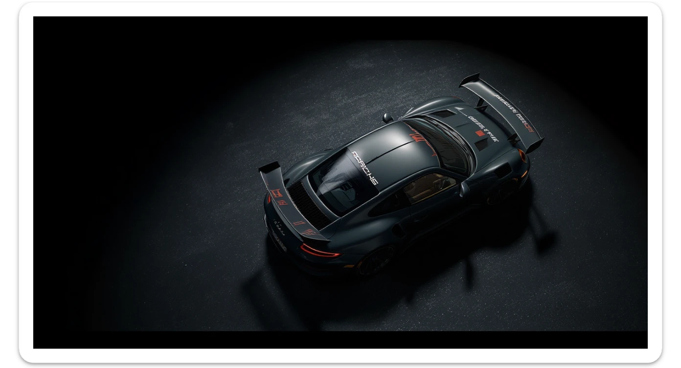 Cinematic shot of a porsche 911 gt3 rs, top dutch angle, black voide around, top spotlight, captured on arri alexa sticker