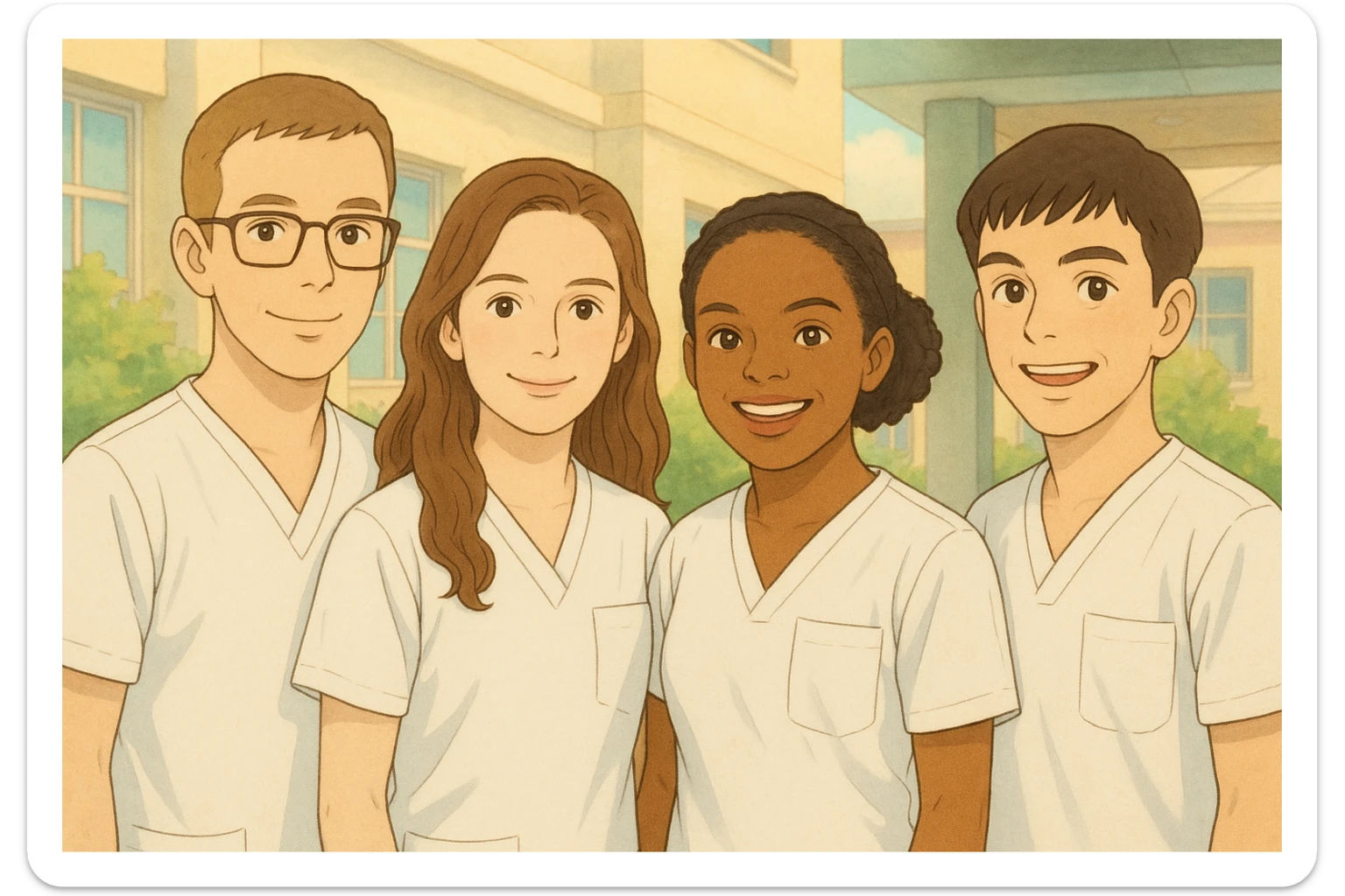 Four nursing students in Ghibli style, wearing white short-sleeved medical tunics with V-neck collars and left chest pockets, light fabrics. Friendly atmosphere, background evoking a healthcare or school establishment, faces inspired by photos, no stethoscopes or visible underwear. sticker