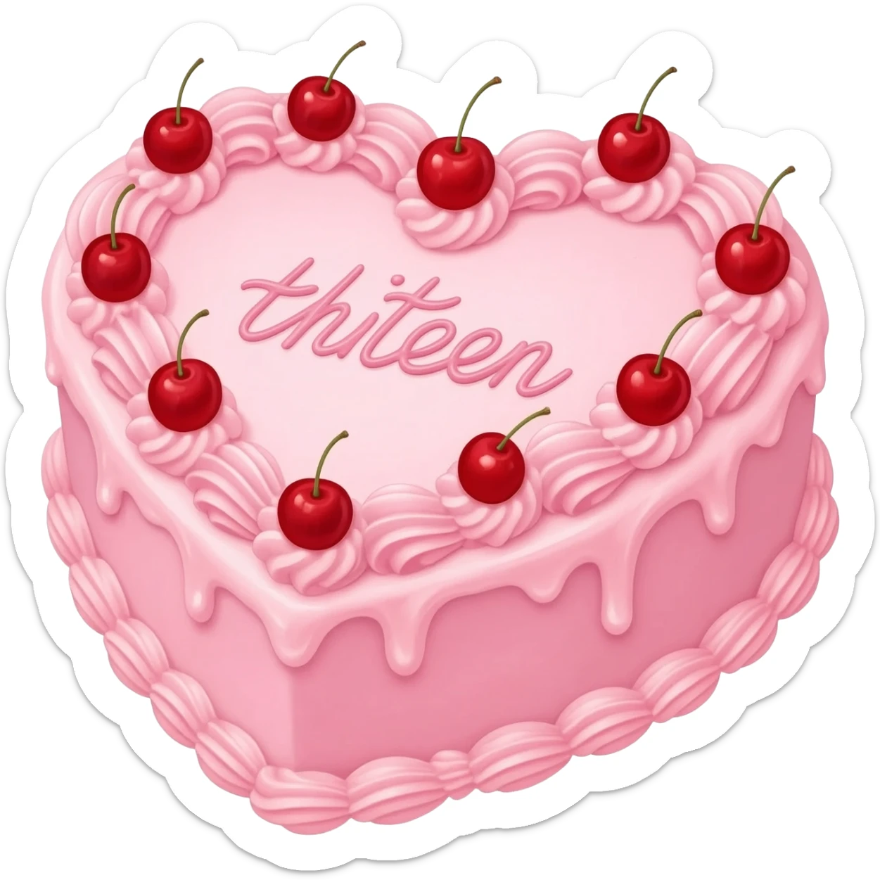 pink vintage heart cake with red cherries on top and thirteen written in cursive in the middle sticker