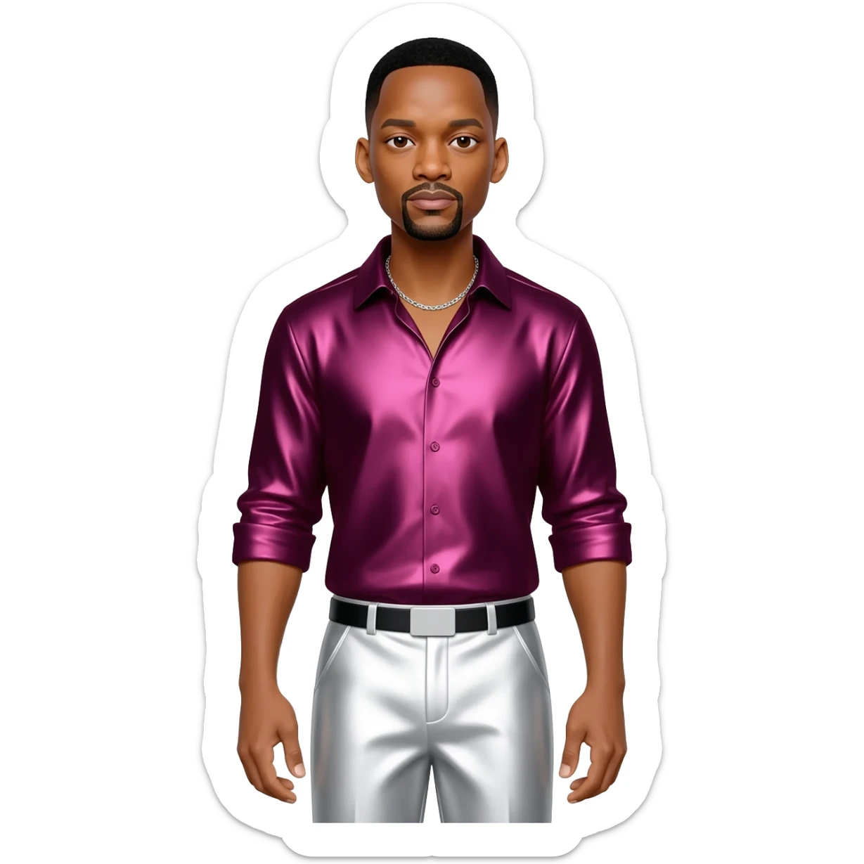 Will Smith with black hair, dark pink metallic shirt, white metallic baggy pants, silver necklace sticker
