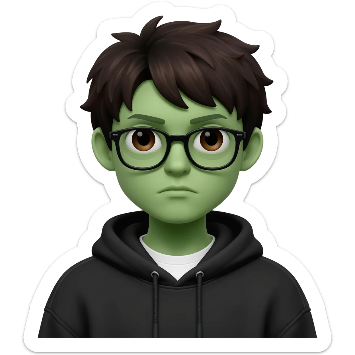 zombie boy with white tshirt and black brownish hair and with black glasses frames on hair is texturized young boy and round face more green face and dark brown eyes black thick cotton y2k hoodie with the white t-shirt under it hood of hoodie is standing up a slight bit and no ties on hoodie sticker