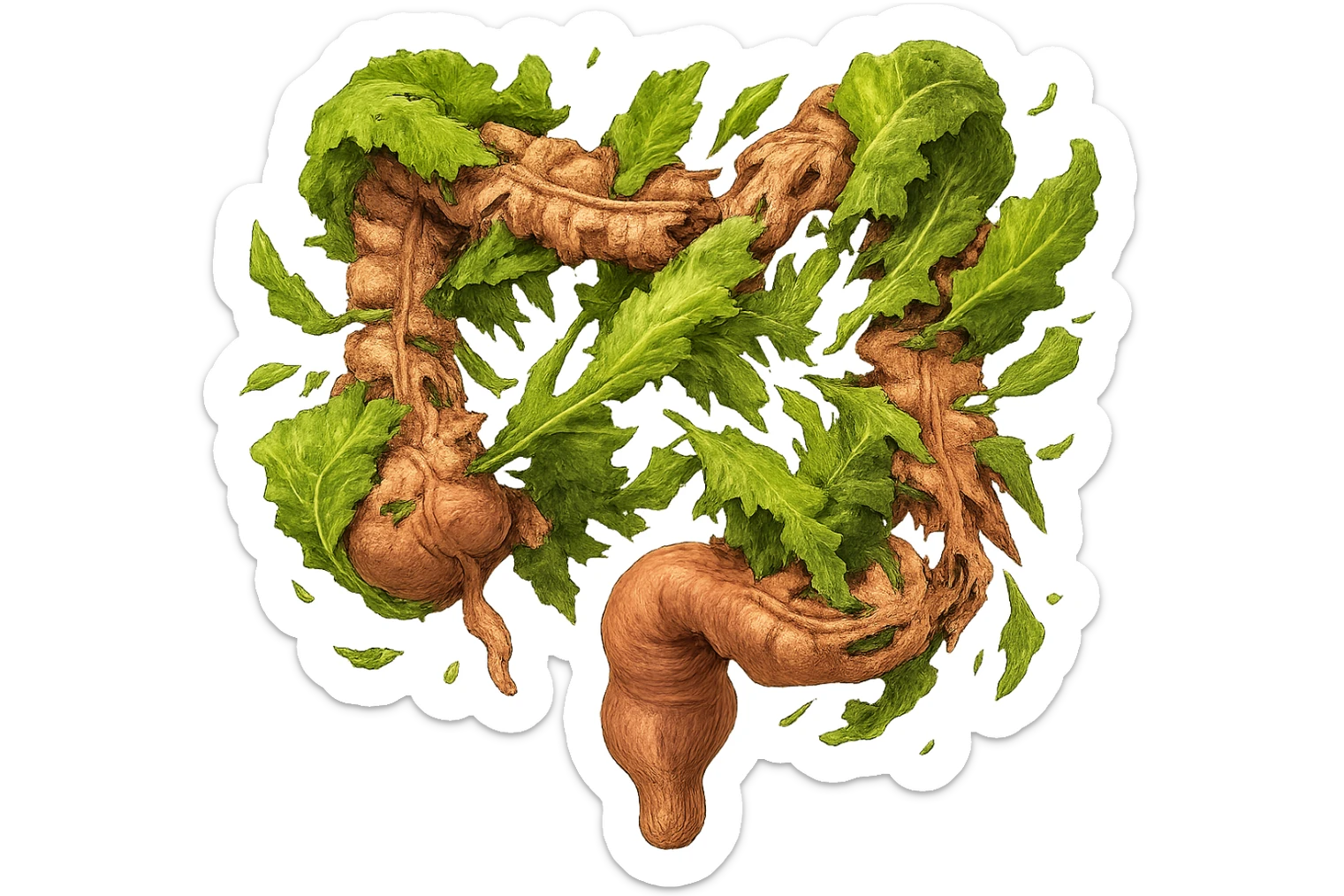 foglie di insalata che attaccano un intestino anatomico umano per distruggerlo sticker