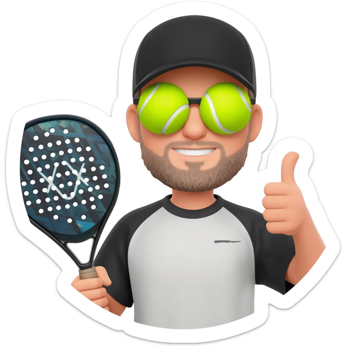 make a circular imogi of man with NOX padel bat with tennis balls forming glasses and wearing a cap with black  top make circular with thumbs up sticker