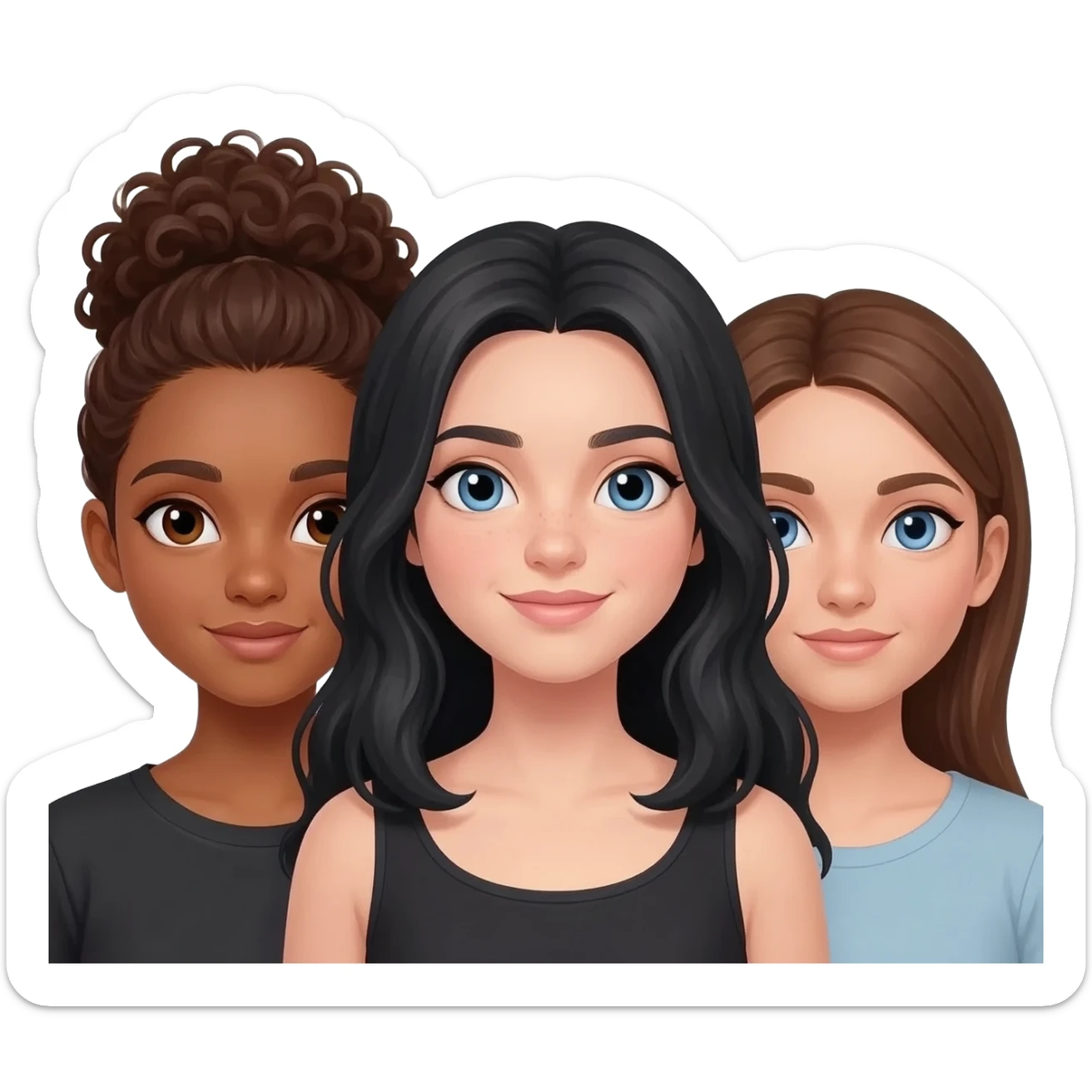 Trio girl best friends one girl with tan skin, brown eyes, and curly brown hair pulled back into a messy bun, and one girl with long black hair, blue eyes, and white skin, and one with medium length brown hair, blue eyes, and white skin. sticker