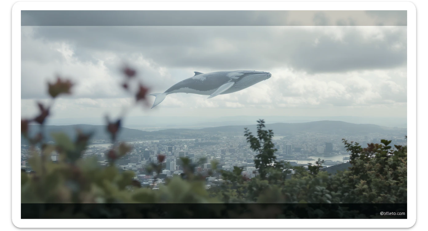 A cinemaatic still of a city, blurred plants in the foreground, huge whales fly above city sky, rolling hills in the background, cinematic depth of field, layered composition, natural lighting sticker
