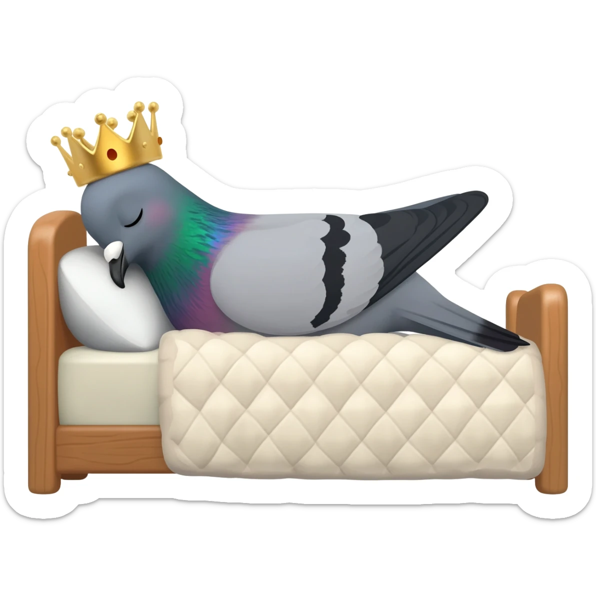 pigeon with a crown sleeping in a bed sticker